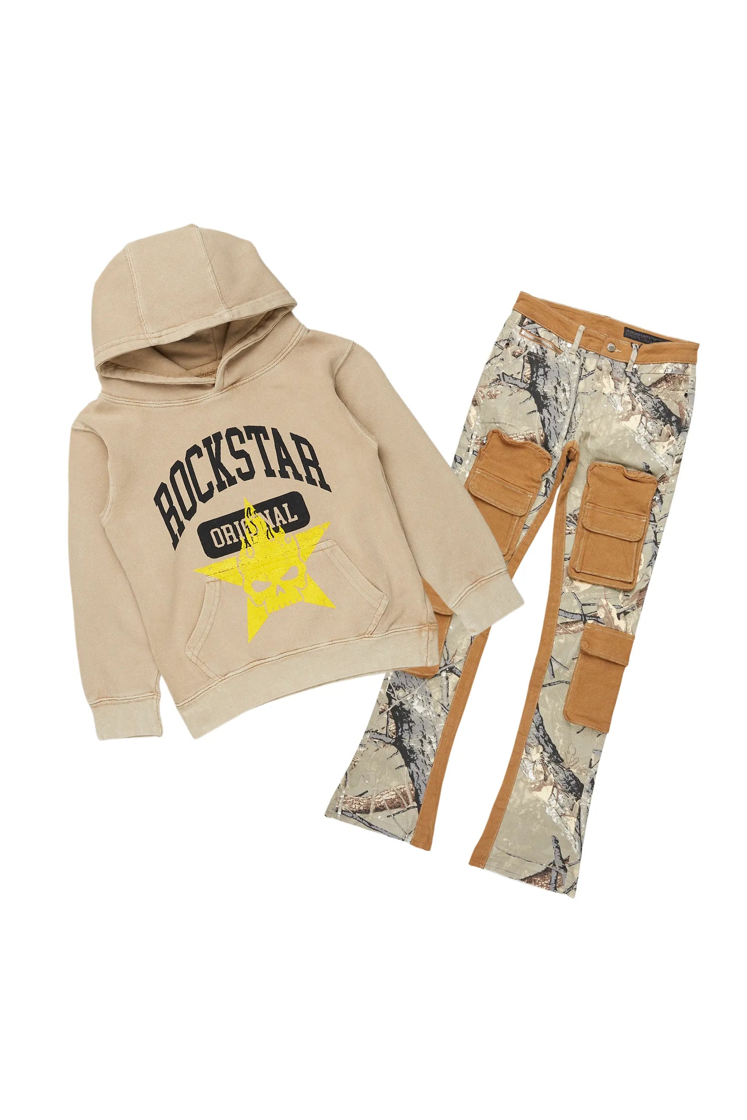 Boys Semaj Vintage Beige Hoodie/Stacked Flare Jean Set