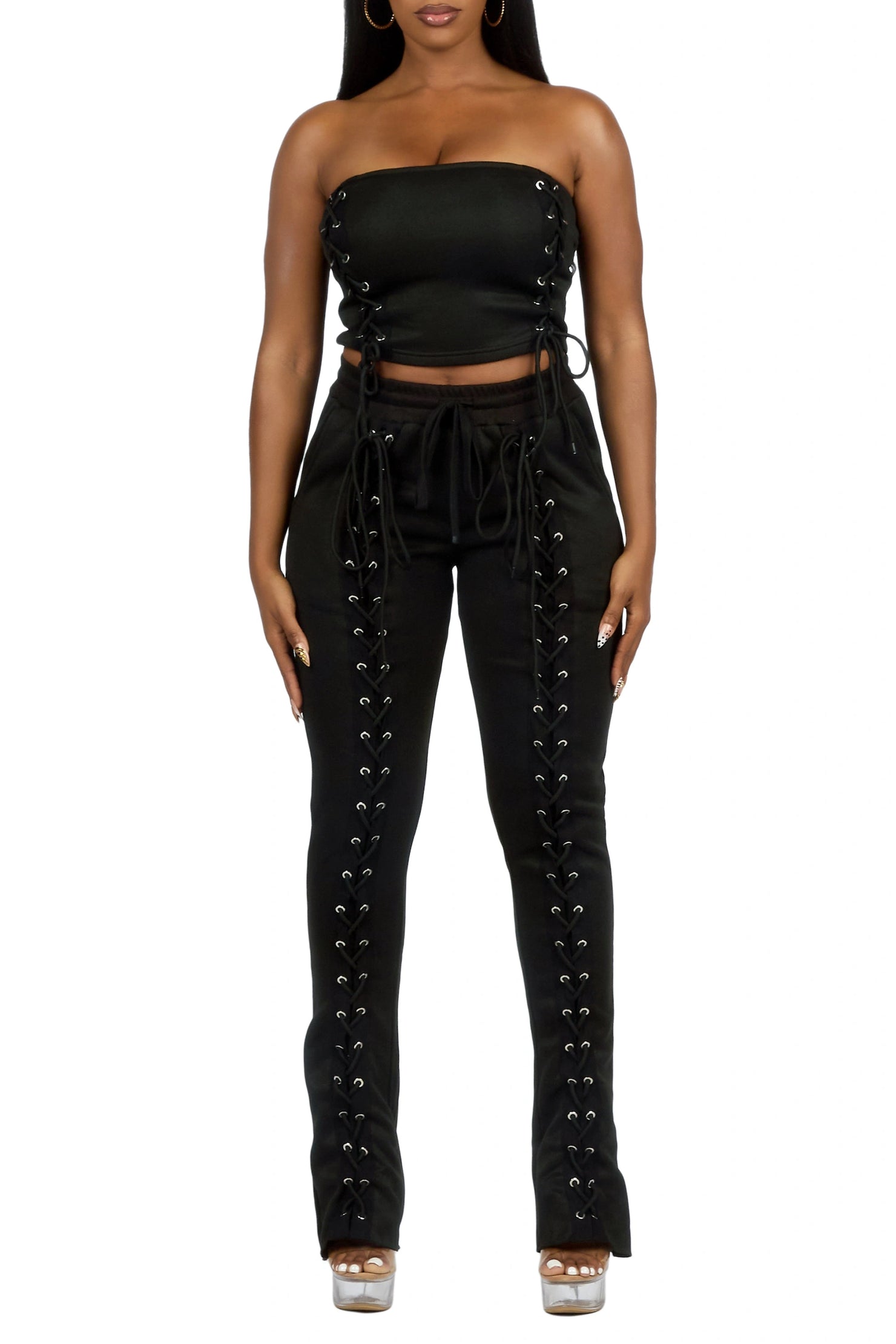 KaeMyna Black Lace Up Tube Stacked Track Set