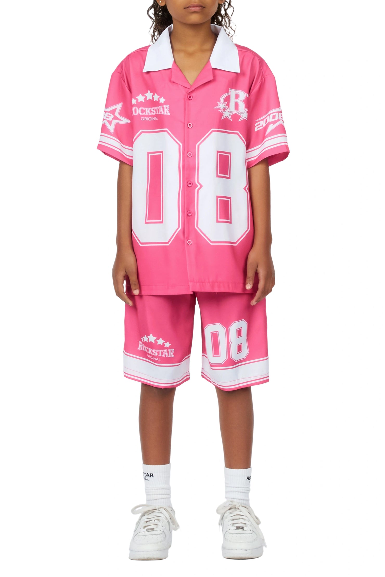Girls Tinna Pink Button Down T-Shirt Short Set