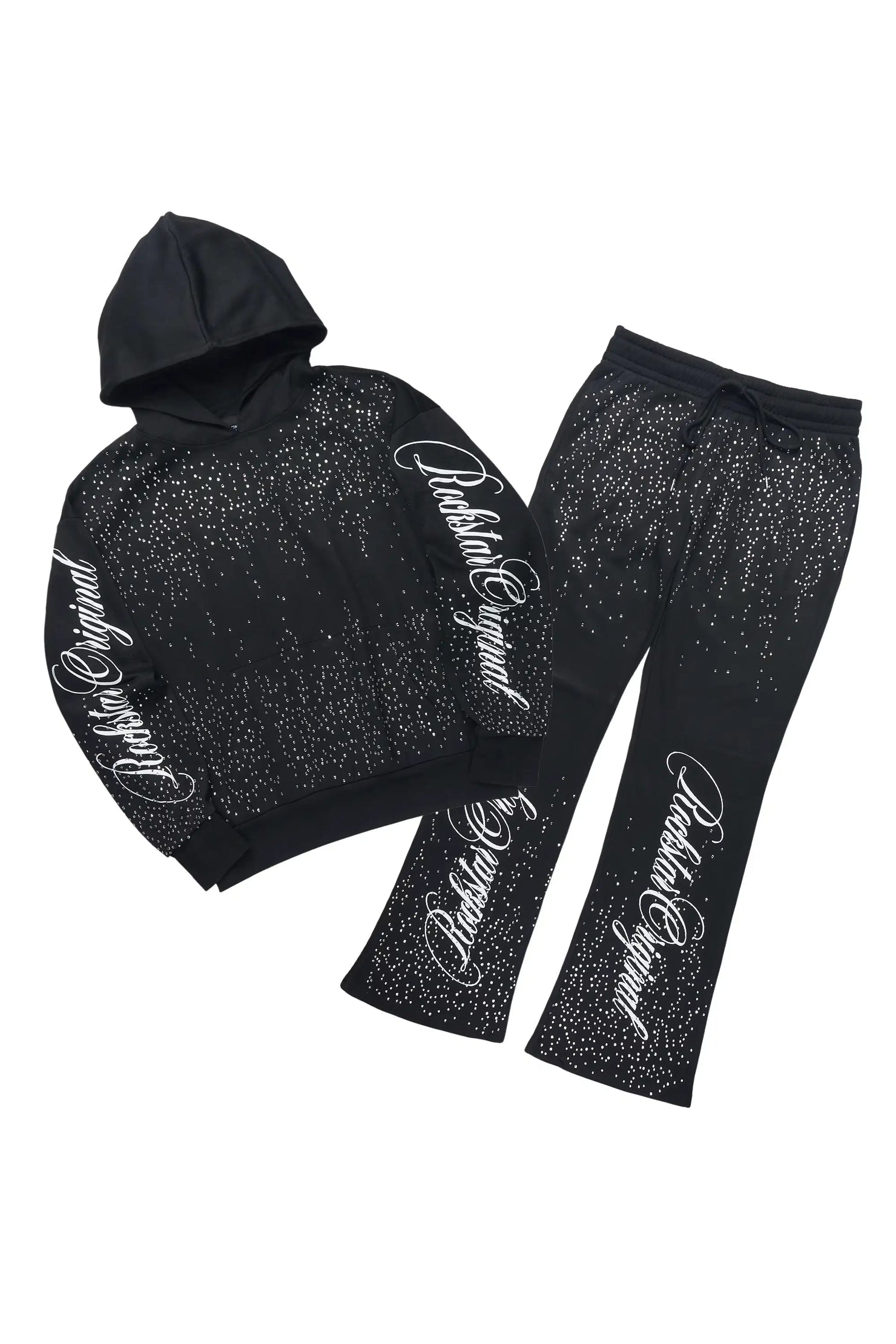 Strayce Black/White Rhinestone Hoodie Relaxed Track Set