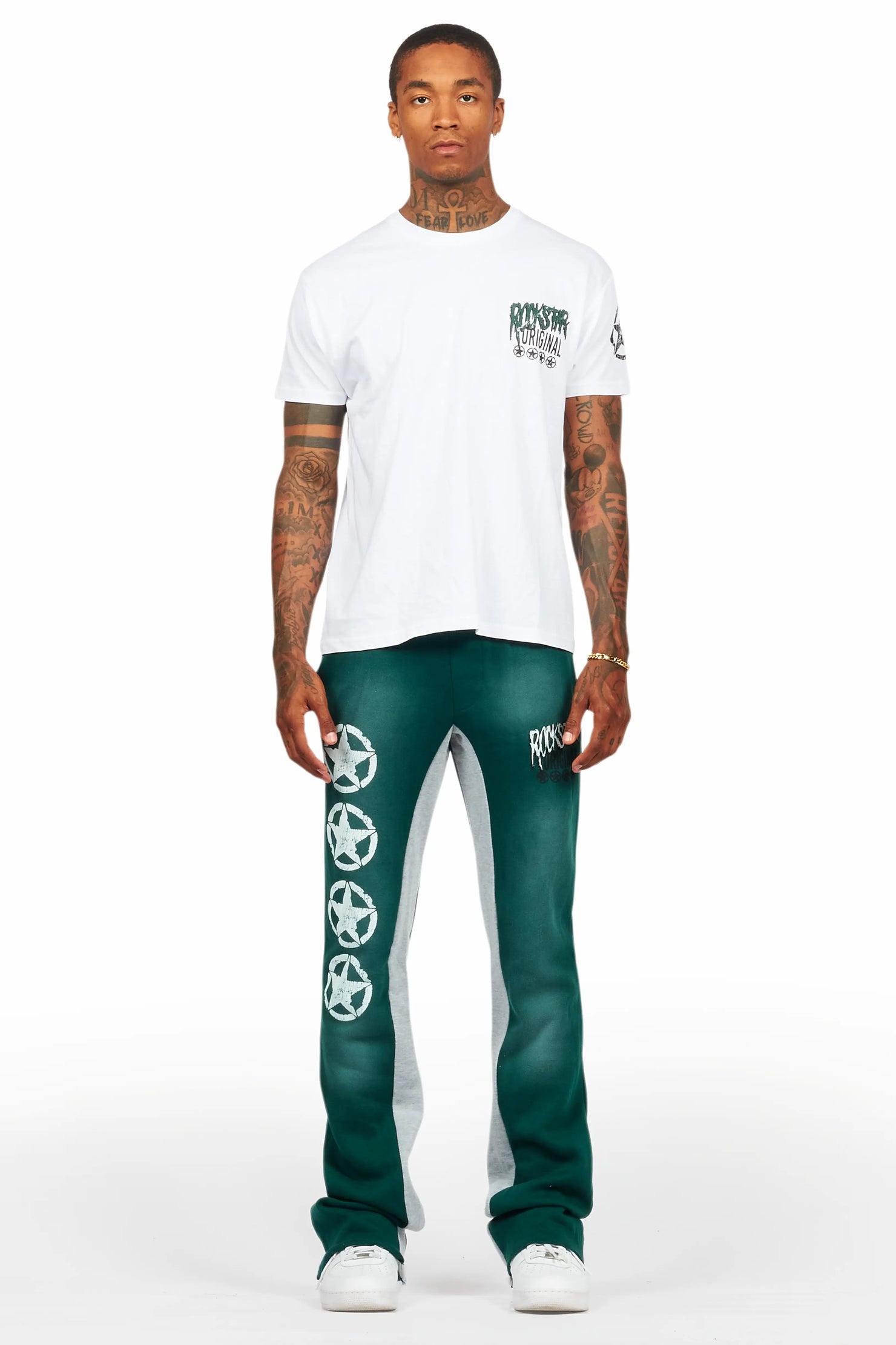 Wizzurd White/Green T-Shirt/Stacked Baggy Track Pant Set