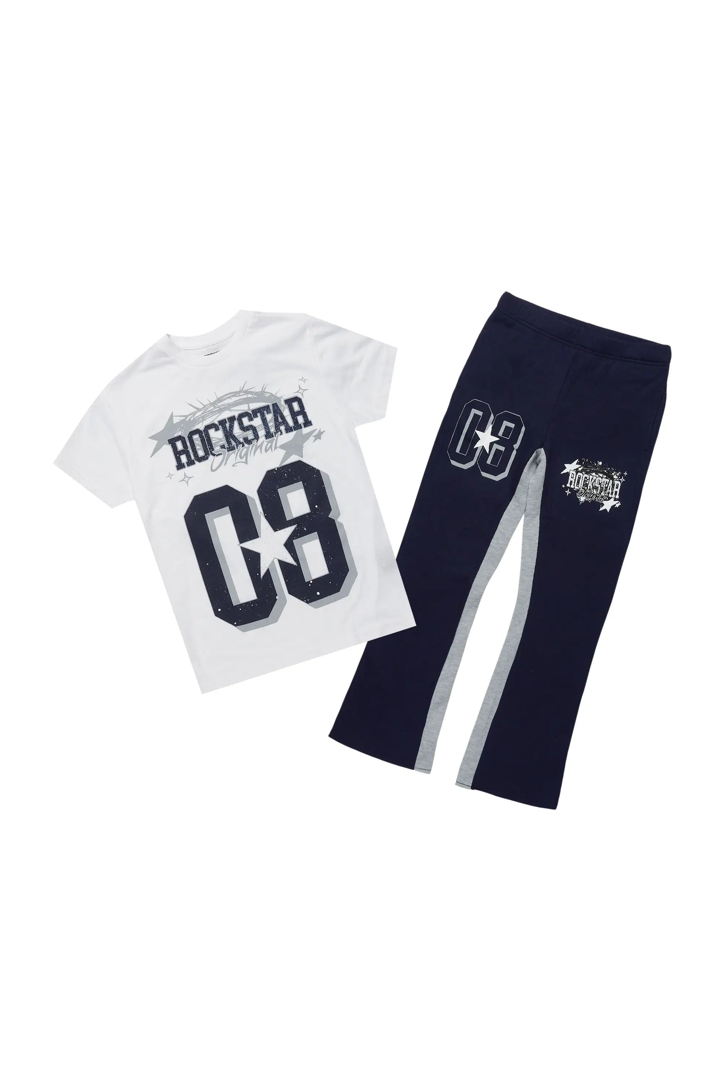 Boys Allstar White/Navy T-Shirt/Stacked Baggy Flare Pant Set