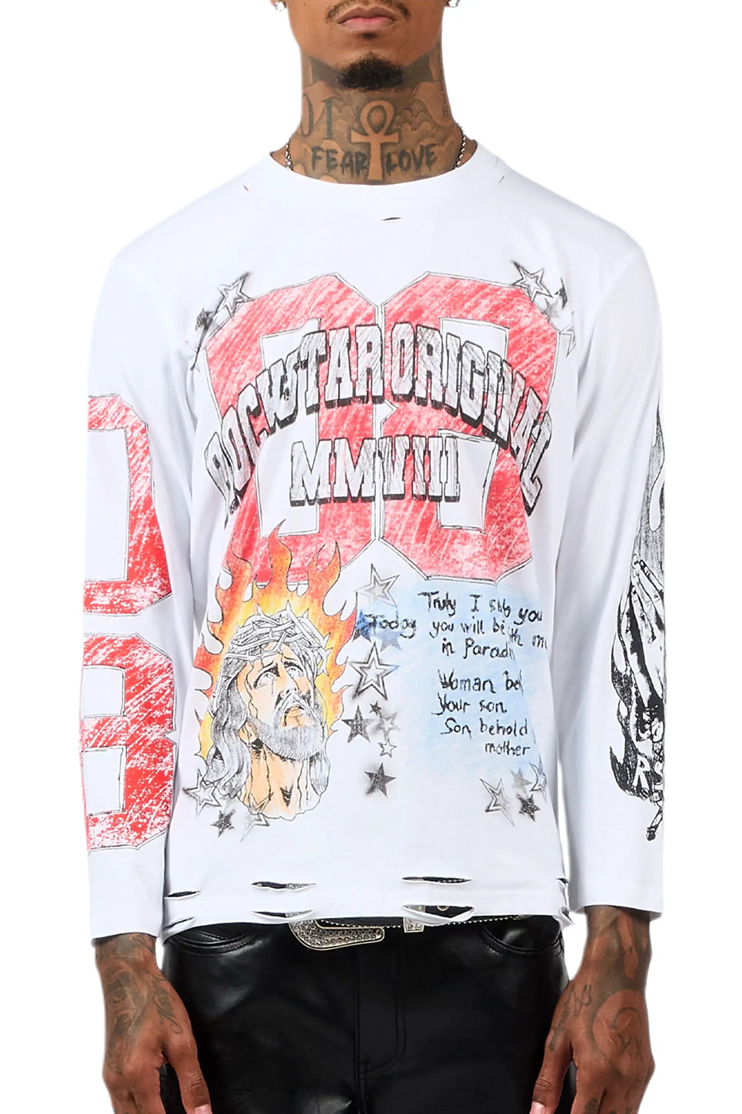 Jesus Crayon White Long Sleeve Graphic T-Shirt