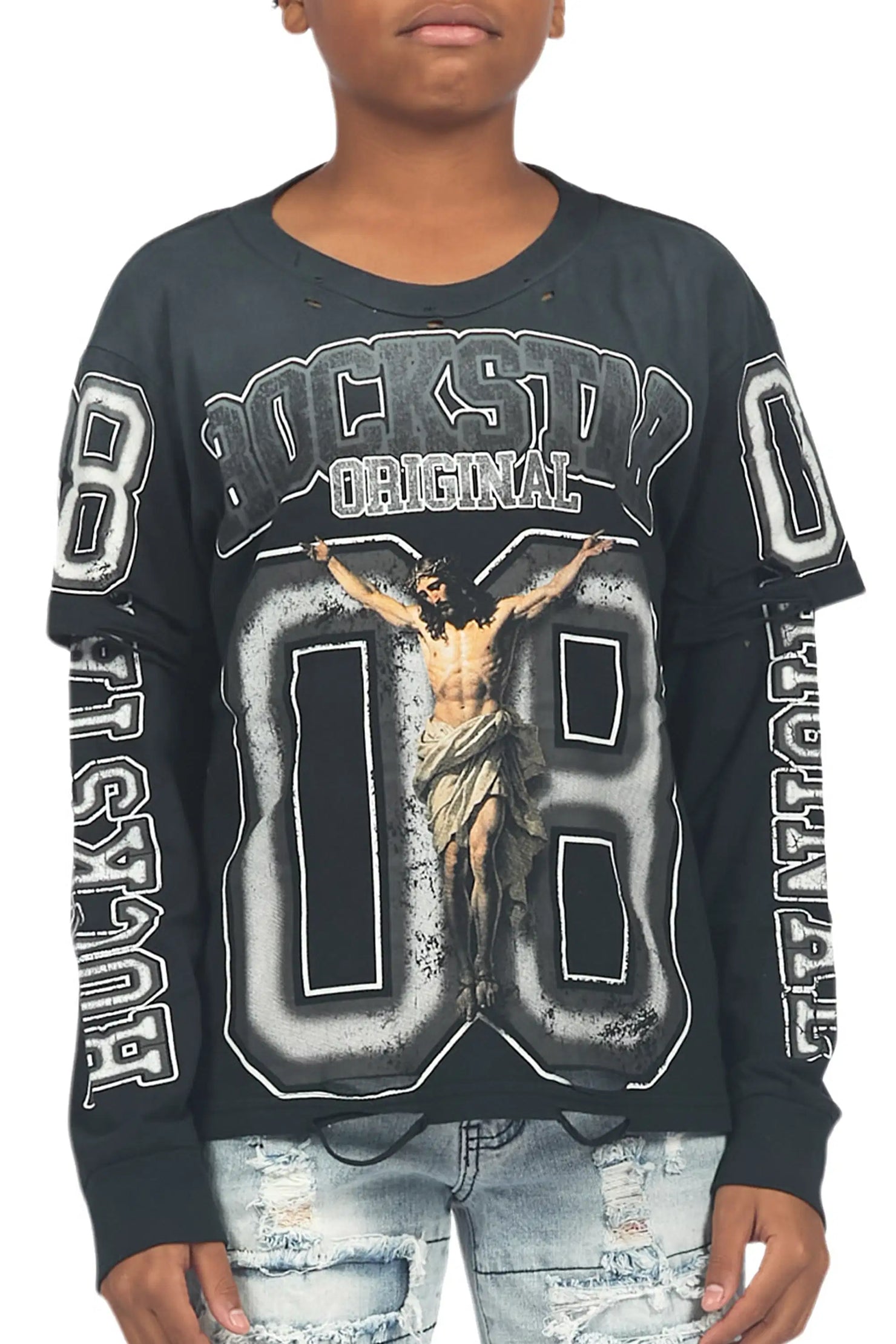 Boys Fields Black/White Double Layer L/S Graphic T-Shirt