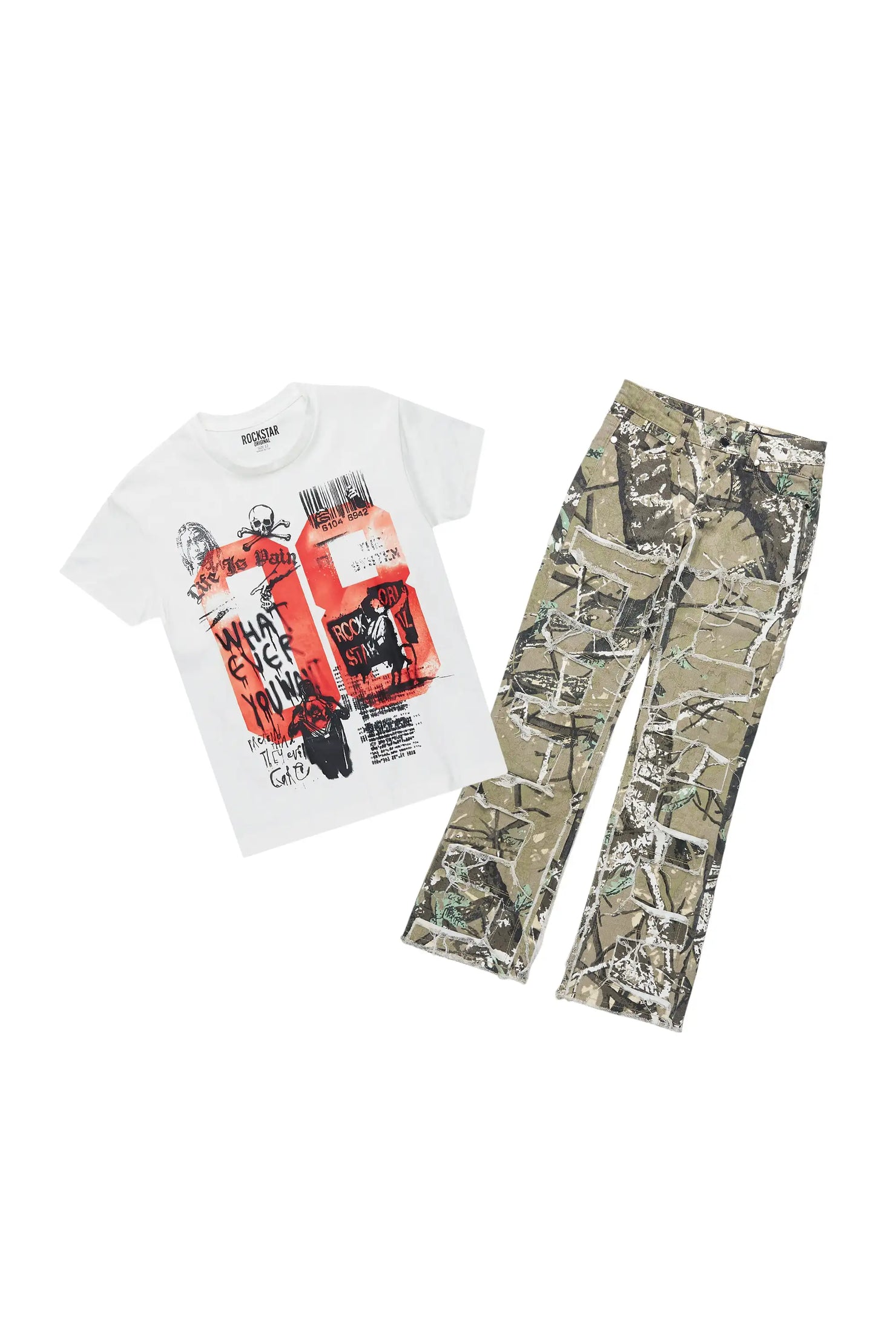 Boys Beau White/Camo T-Shirt Stacked Jean Set