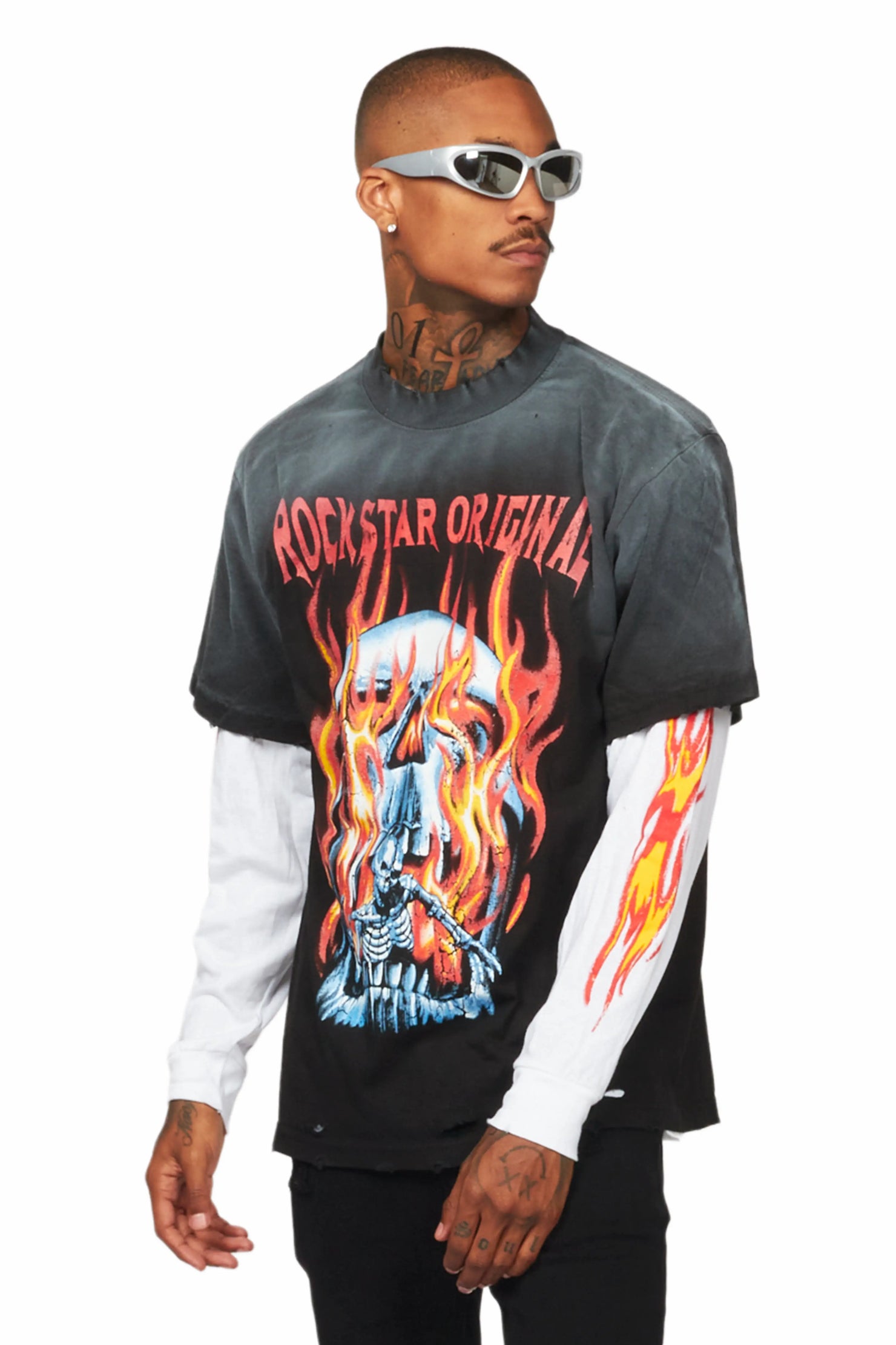 Suspect Black Double Layer Long Sleeve Graphic T-Shirt