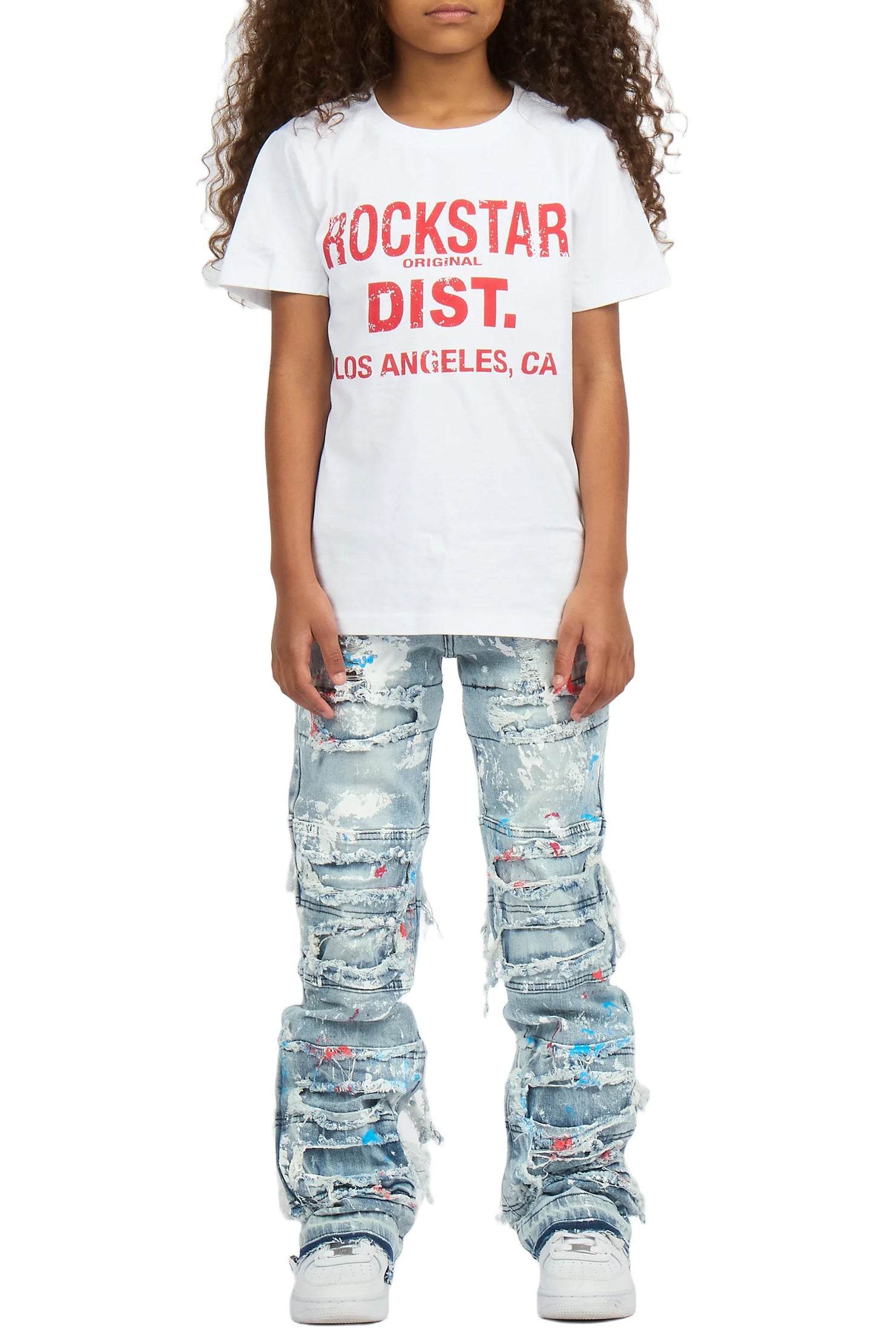 Girls Vassa Blue Stacked Painter Flare Jean