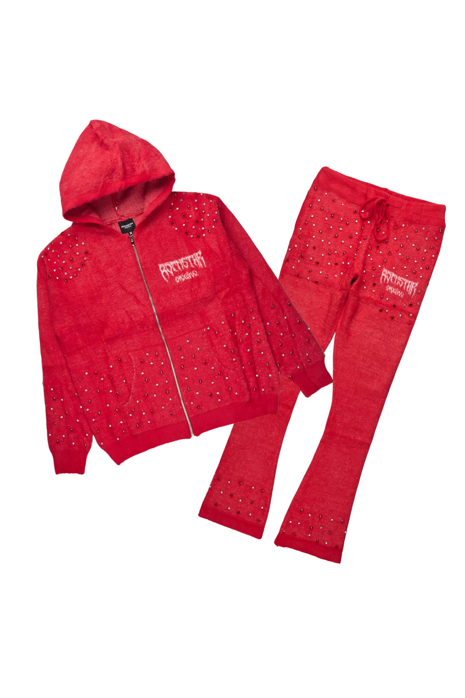 Lapiz Red Rhinestone Mohair Knit Stacked Flare Track Set