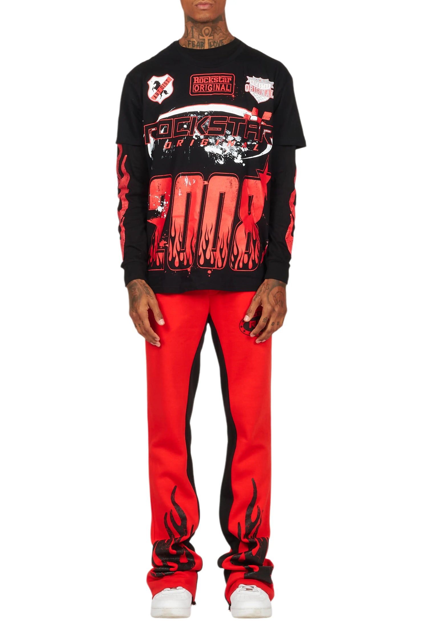 Amos Black/Red Double Layer T-Shirt/Stacked Baggy Pant Set