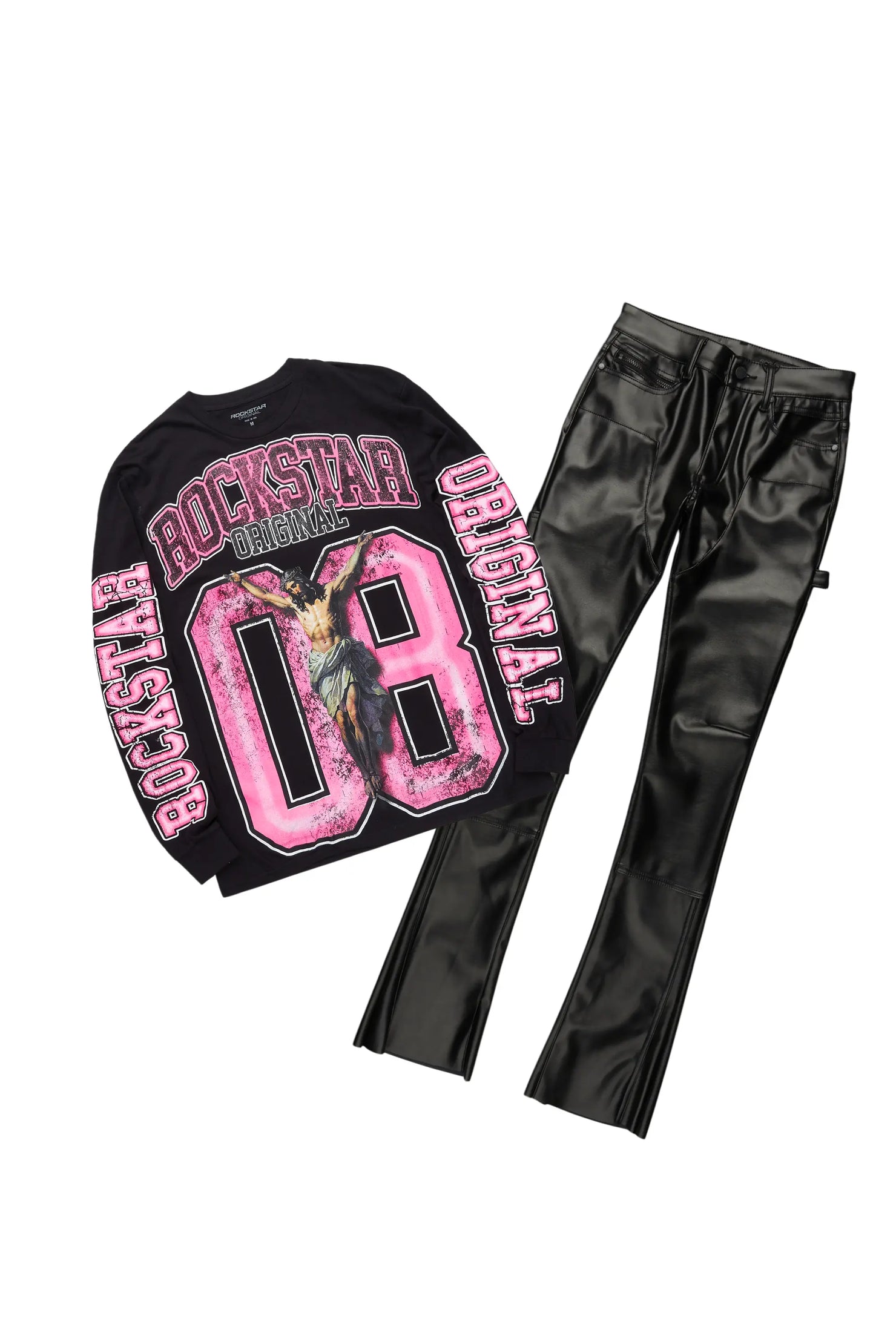 Fields Black Long Sleeve T-Shirt & Quatz Stacked Flare PU Jean Bundle