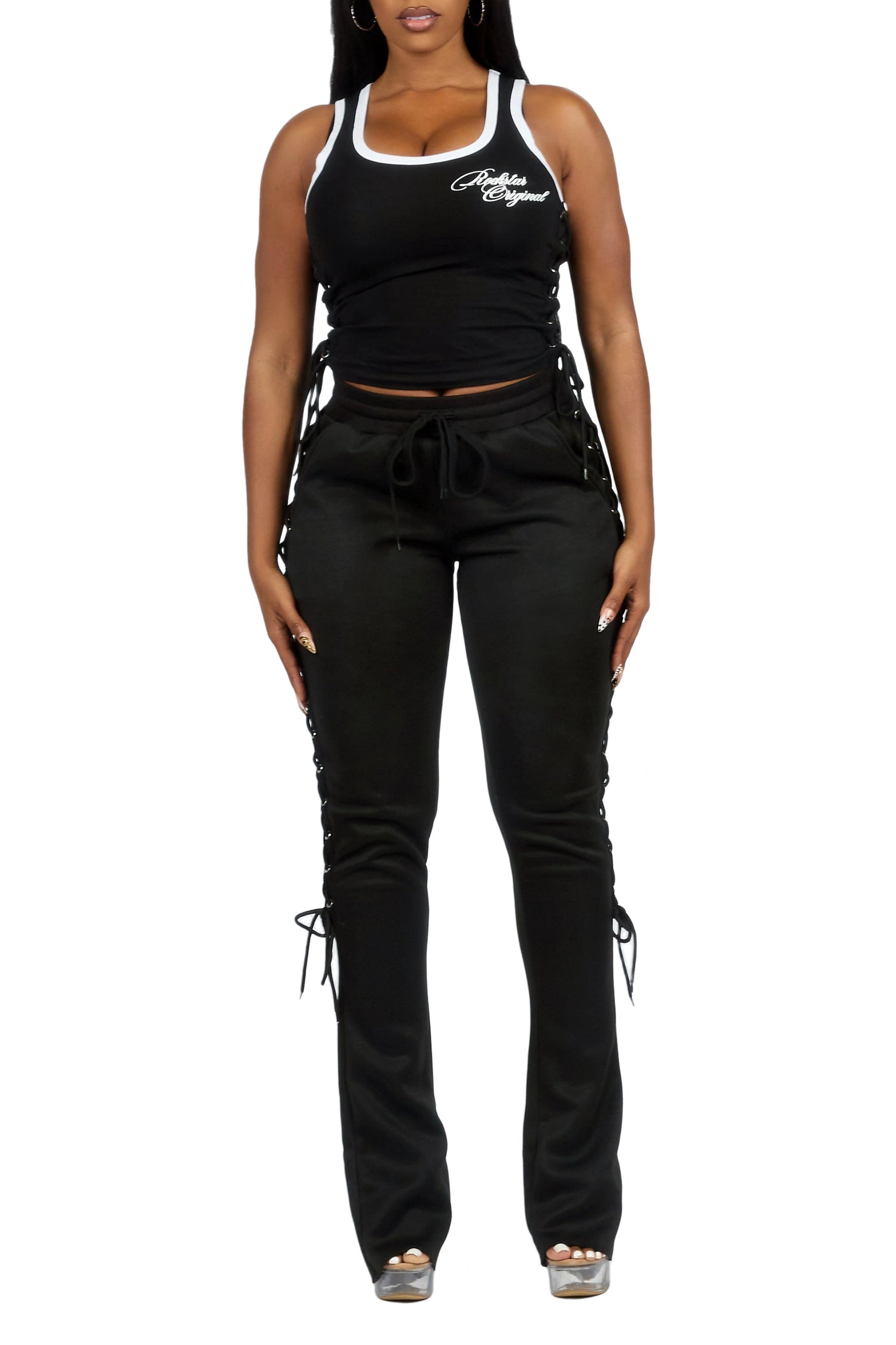 Marisol Black Lace Up Tank Stacked Track Set