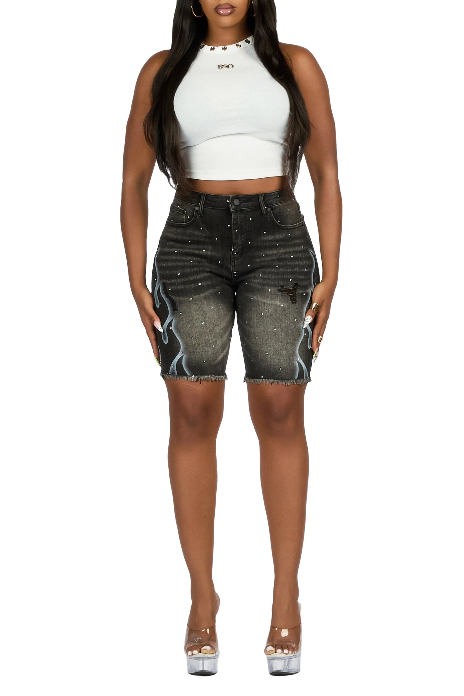 Neshelle Black Rhinestone Jort