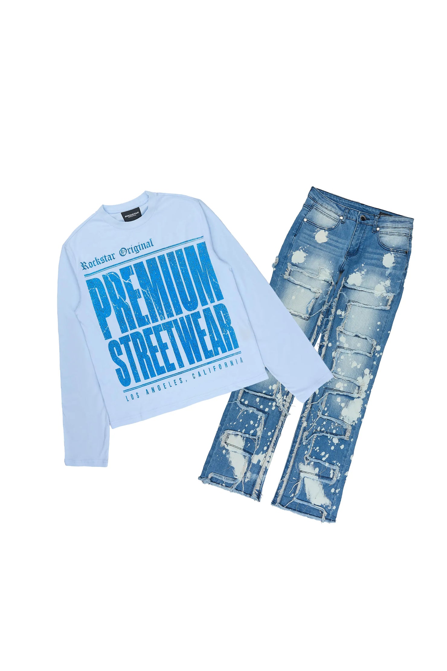 Boys Pluto Light Blue/Blue Long Sleeve T-Shirt Stacked Jean Set