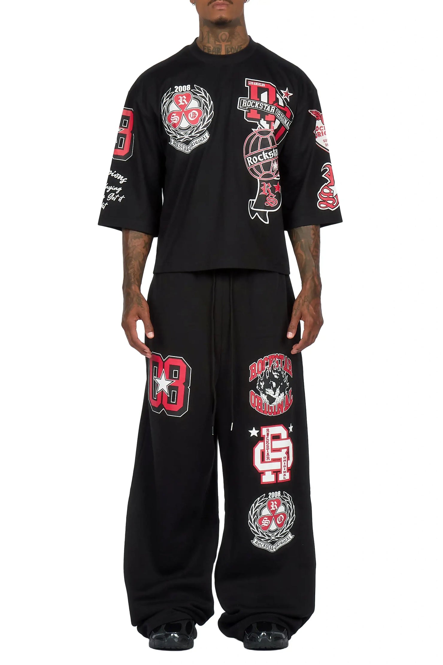 Gallant Black 3/4 Crop Boxy Tee/ Fleece Baggy Pant Track Set