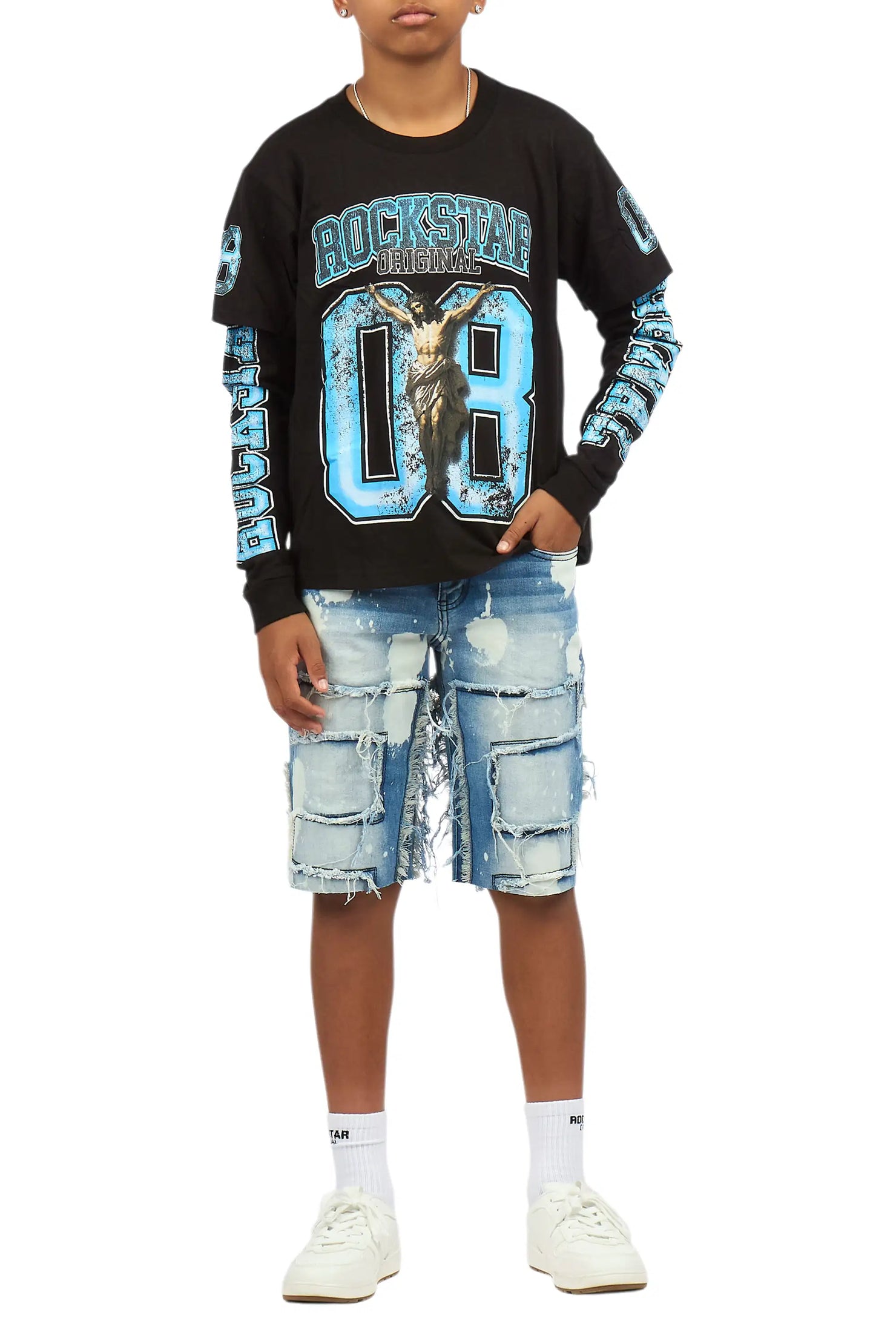 Boys Fieban Black/Blue Double Layer T-Shirt/Denim Short Set