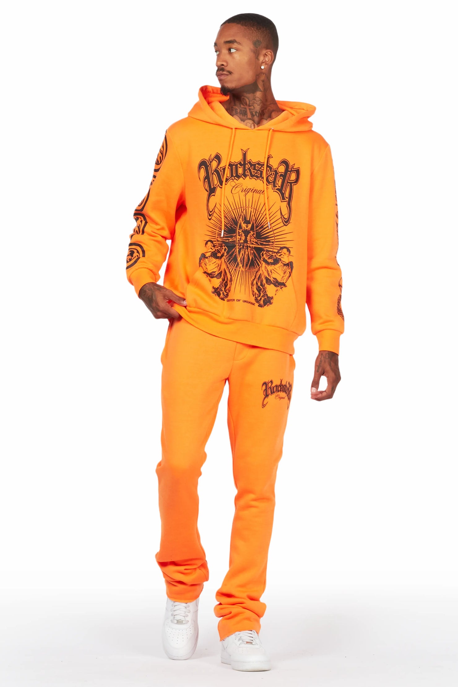 Yarden Orange Graphic Hoodie/Stacked Flare Pant Track Set