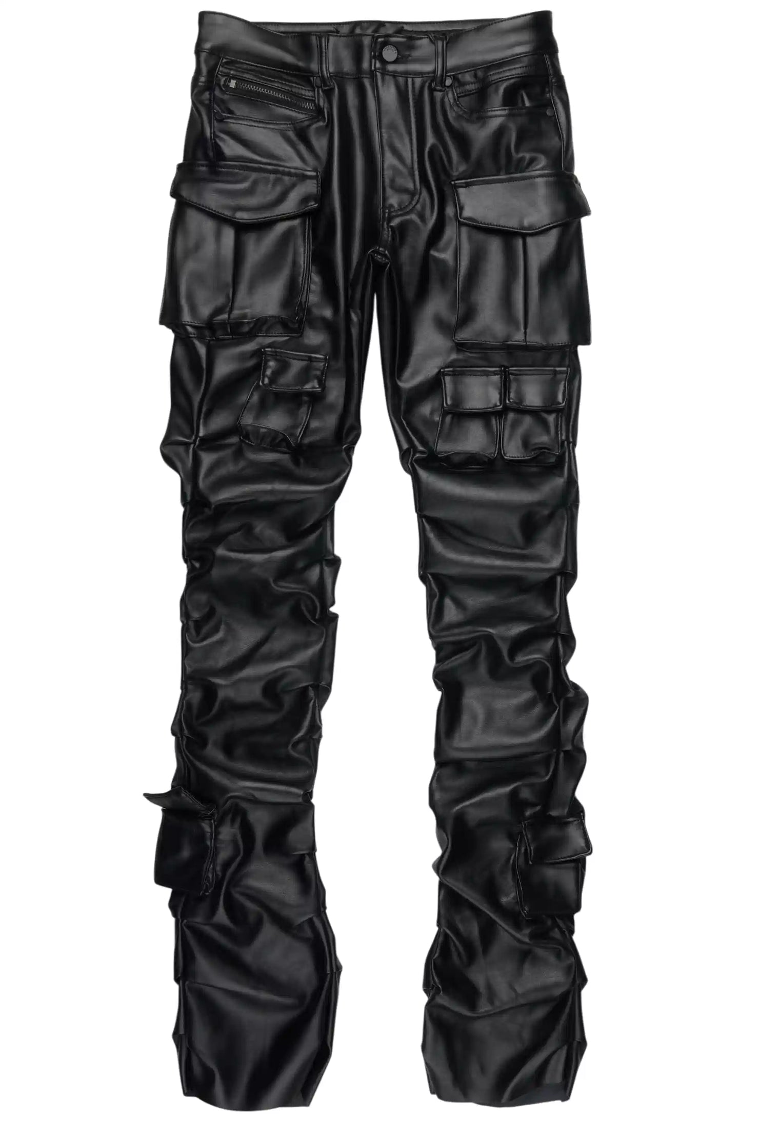 Gentry Black Stacked Flare PU Pants
