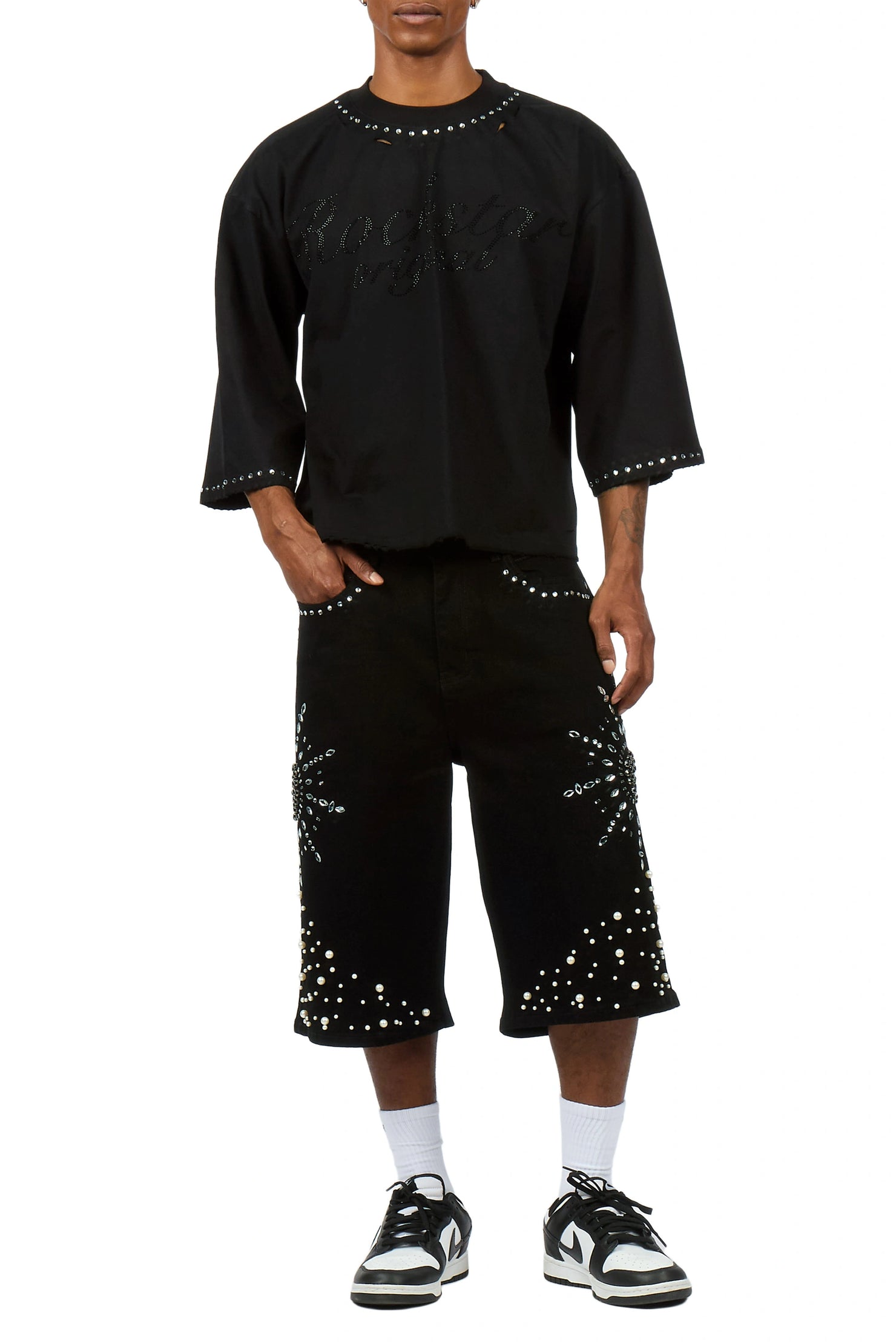 Tryst Black Rhinestone T-Shirt Denim Short Set