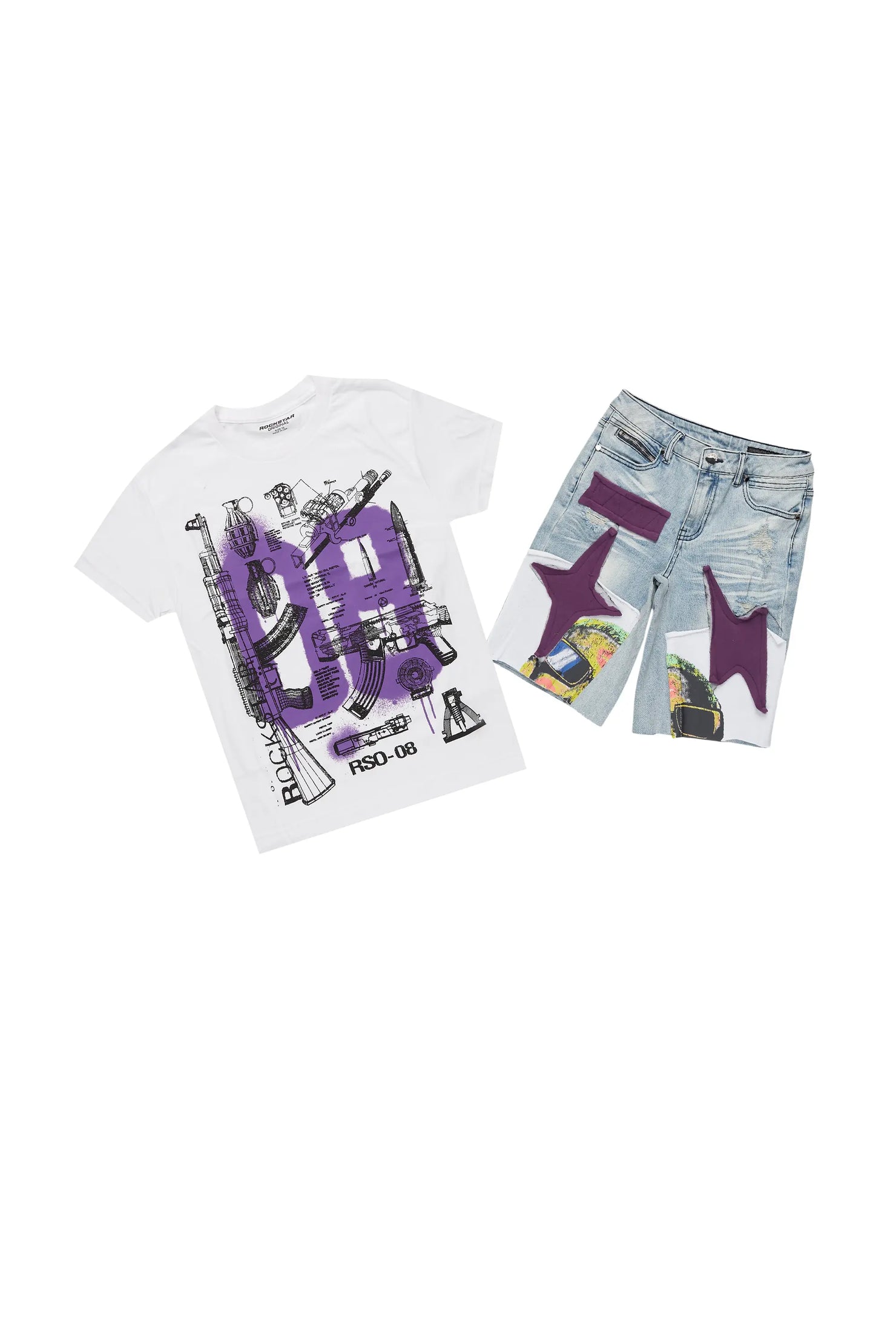 Boys Nesta White/Purple T-Shirt/Denim Short Set