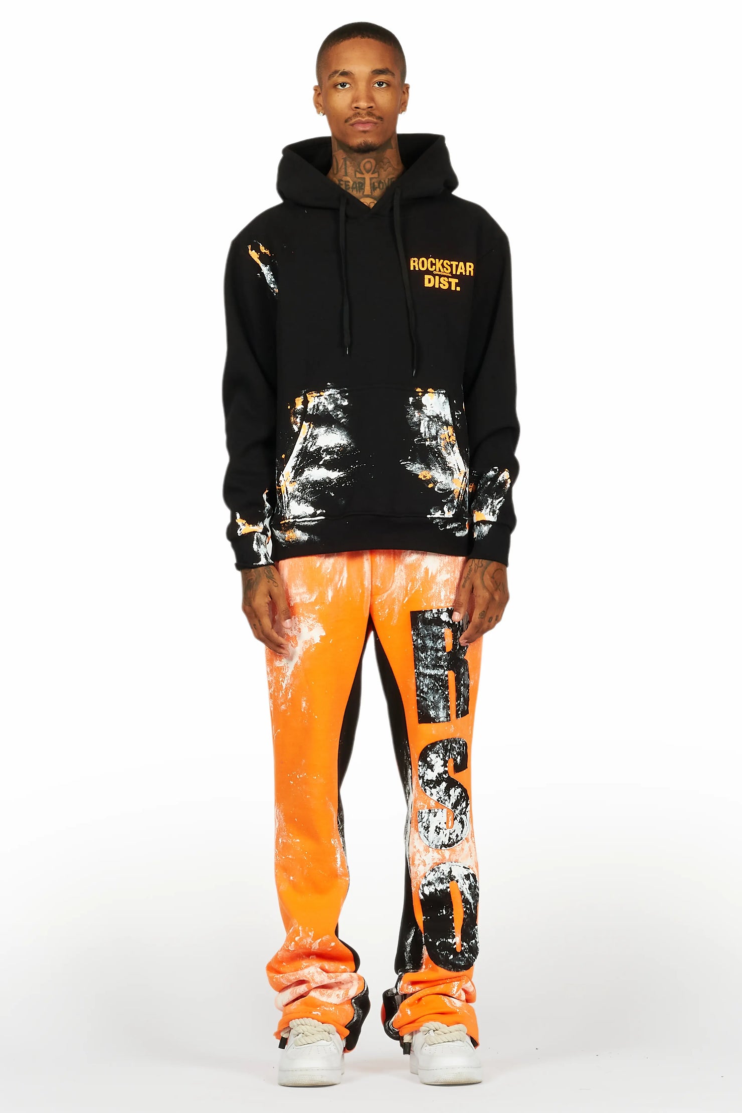 Folly Black/Orange Hoodie/Baggy Stacked Flare Pant Set