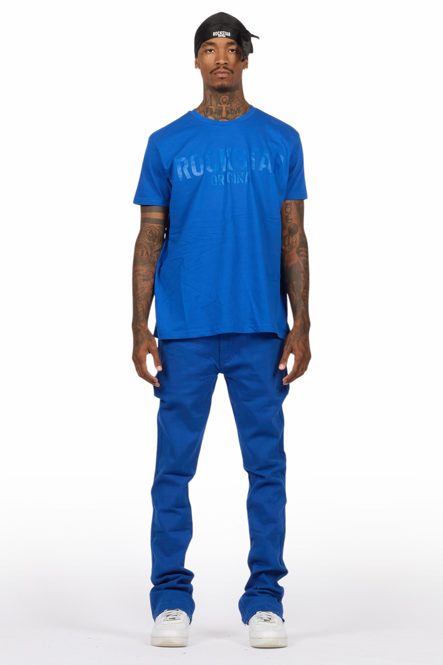 Sana Royal Blue T-Shirt/Dag Stacked Flare Jean Set