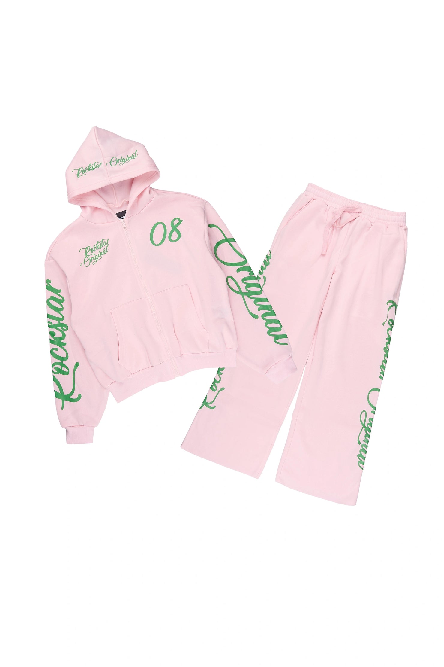 Girls Hanifa Light Pink/Green Zip Up Hoodie Relaxed Pant Track Set