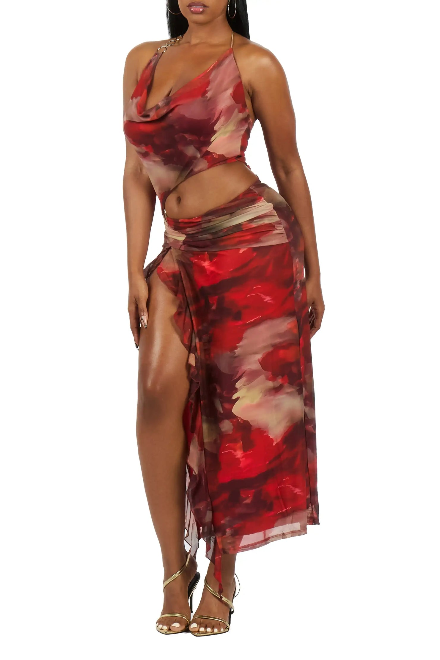 Over-Seas Red Cut-Out Maxi Print Dress