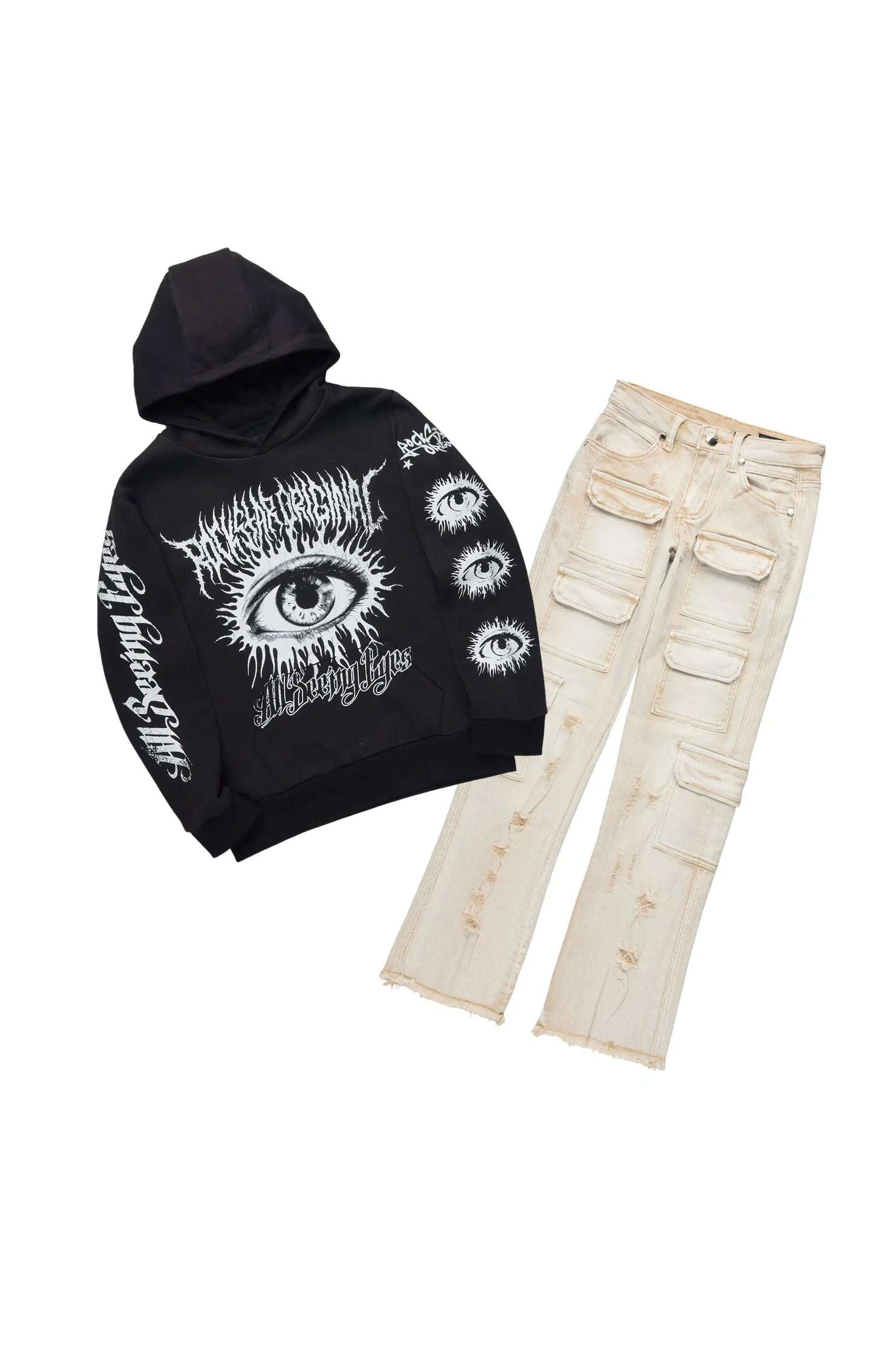 Boys All Eyes Black Hoodie & Kade Beige Stacked Flare Jean Set