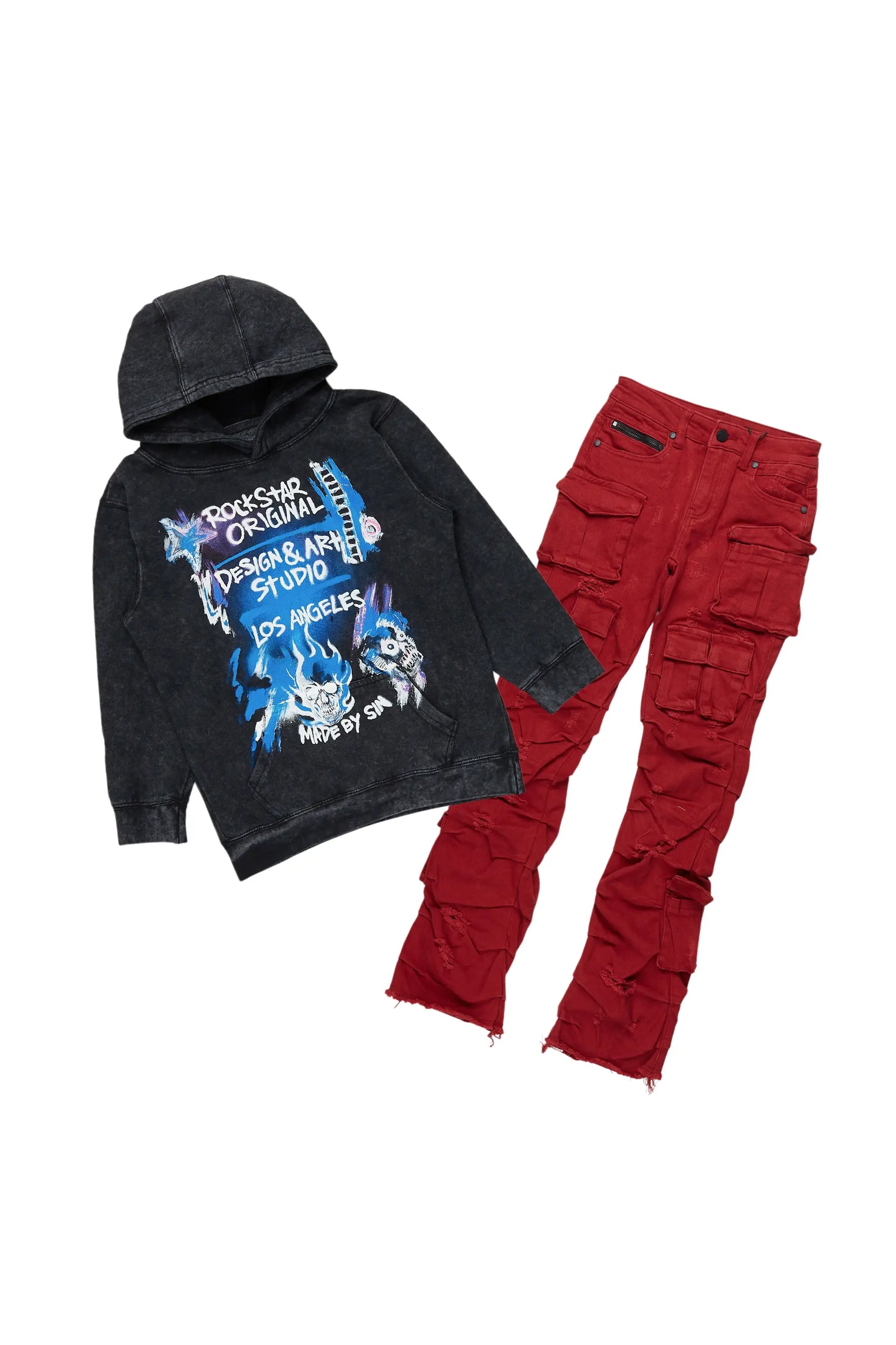 Boys Soweto Vintage Black/Red Hoodie/Stack Flare Jean Set