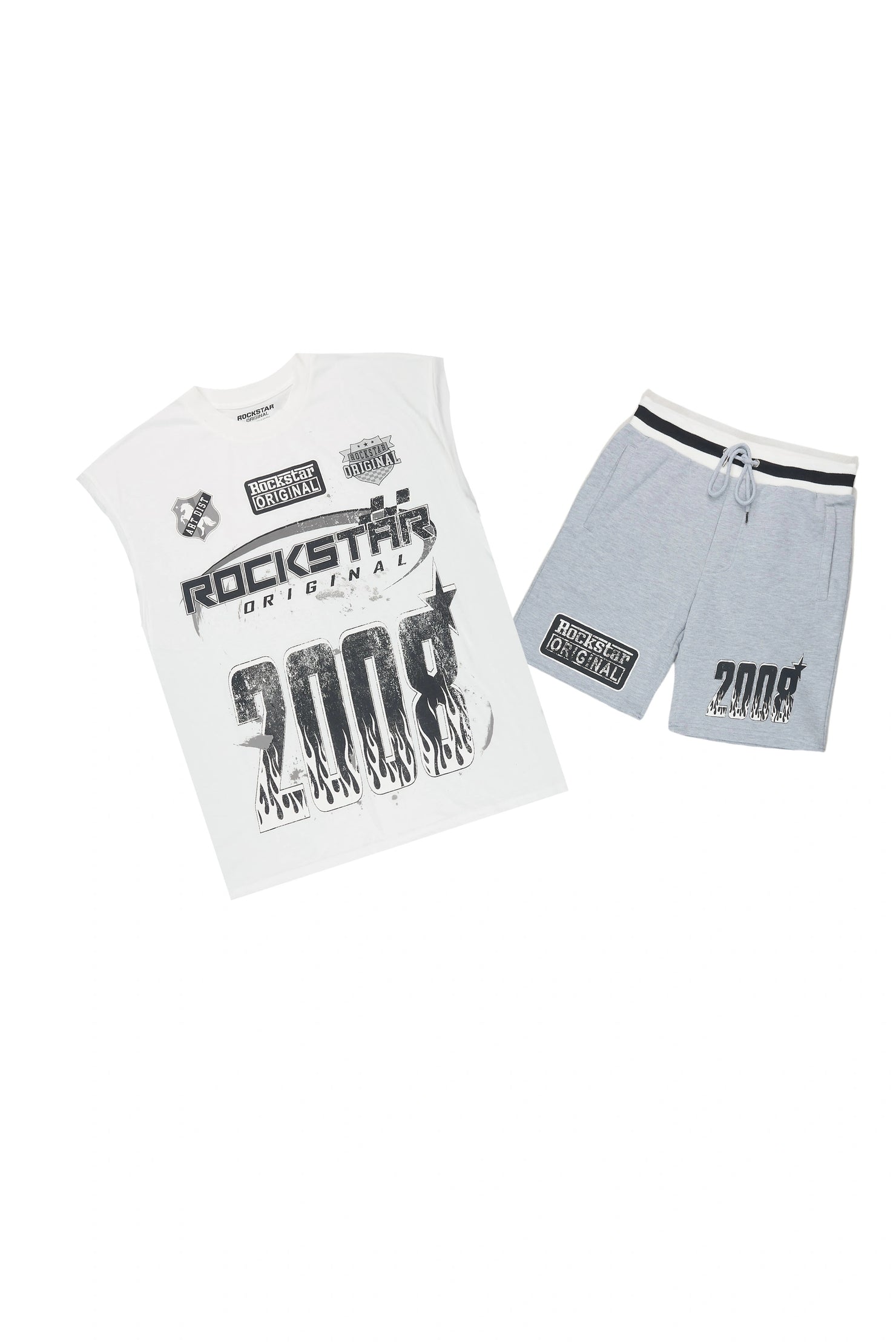 Amos White/Grey Graphic  Cut Sleeve T-Shirt Short Set