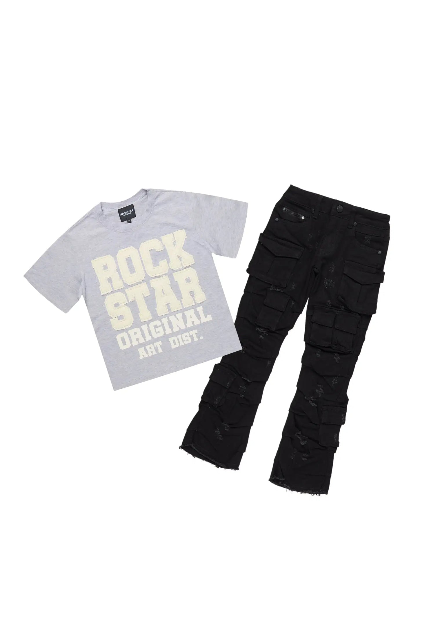 Girls Yulianna Grey/Black T-Shirt Stacked Jean Set
