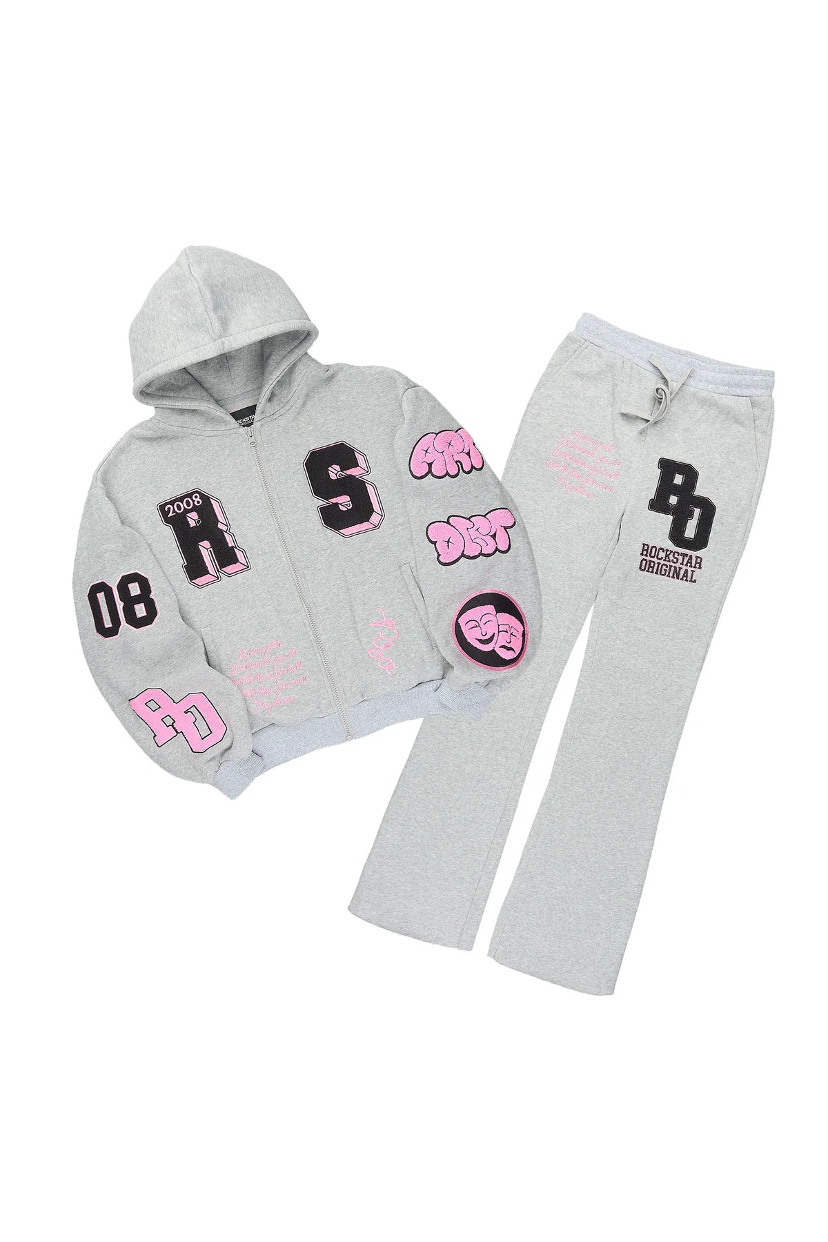 Girls Leslee Heather Grey/Pink Hoodie/Stacked Flare Track Set