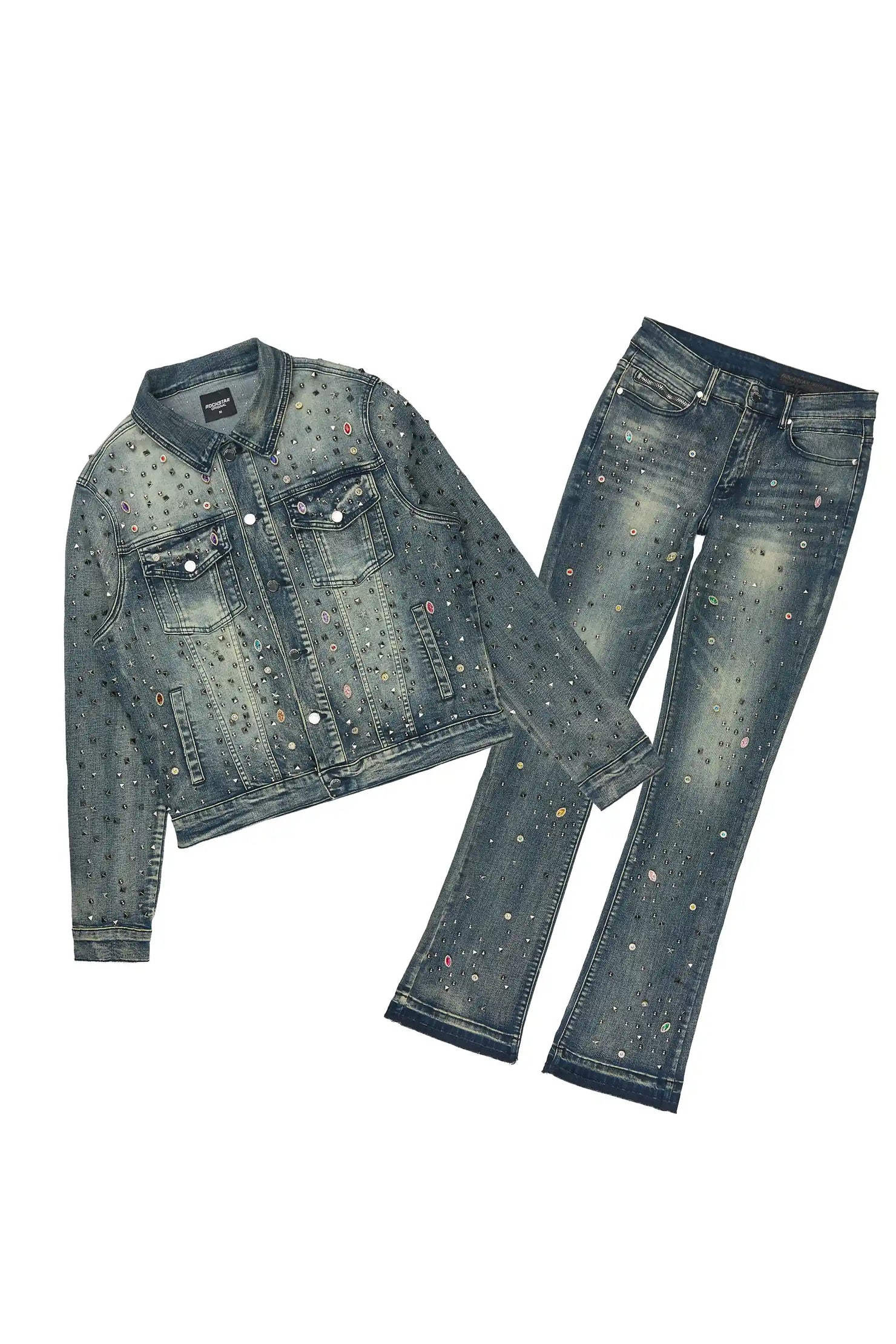 Norris Dark Blue Rhinestone Denim Jacket/Stacked Flare Jean Set