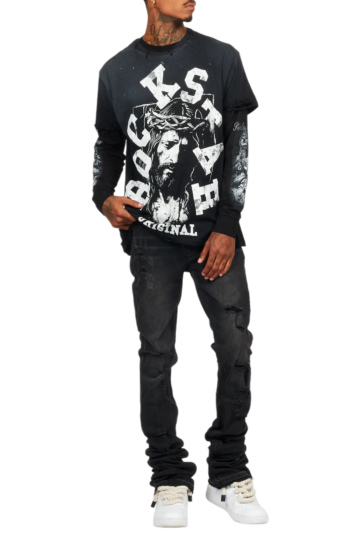 Alfred Black Double Layer Long Sleeve Graphic T-Shirt