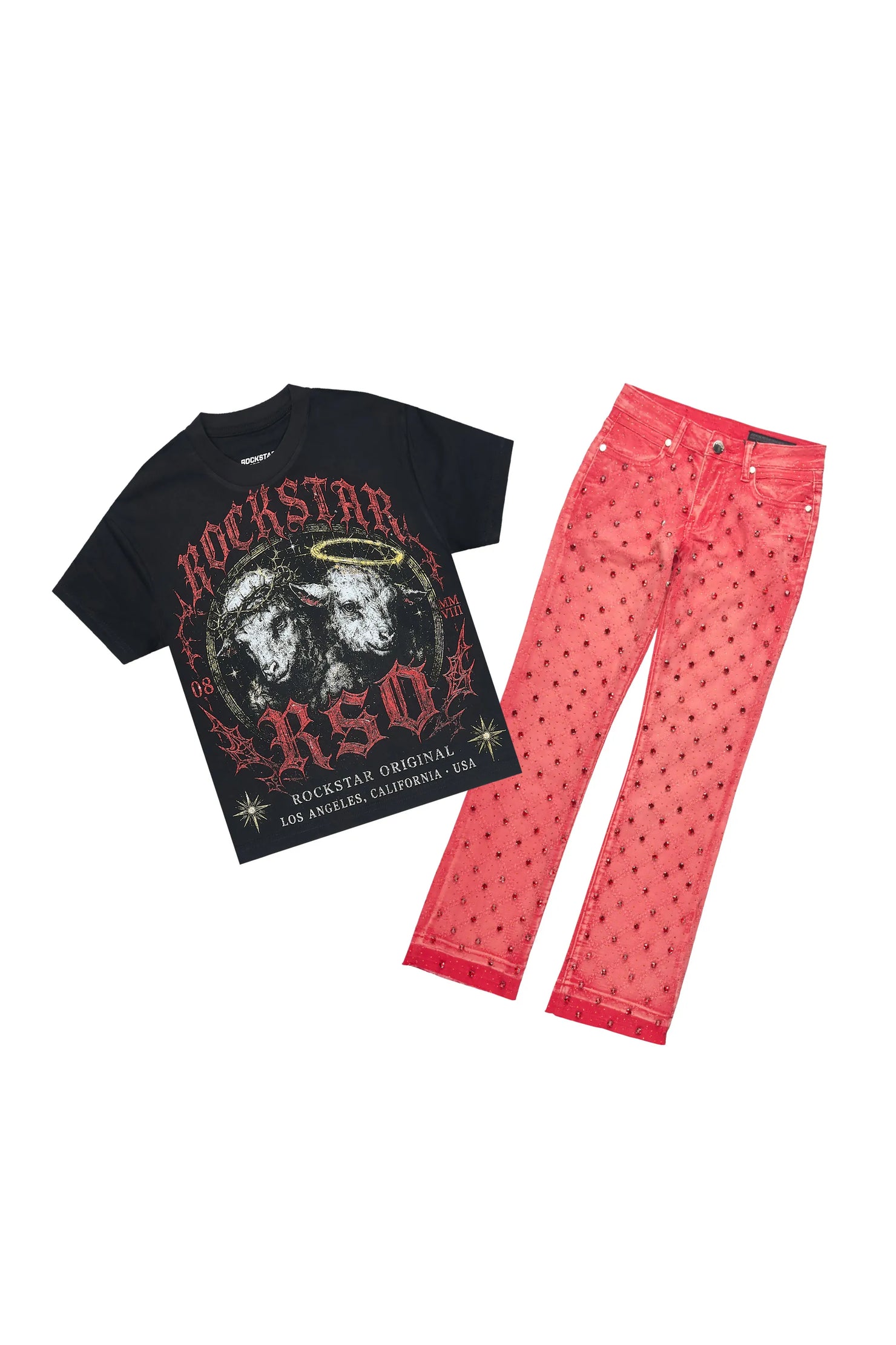 Girls Dezz Black/Red T-Shirt Rhinestone Jean Set