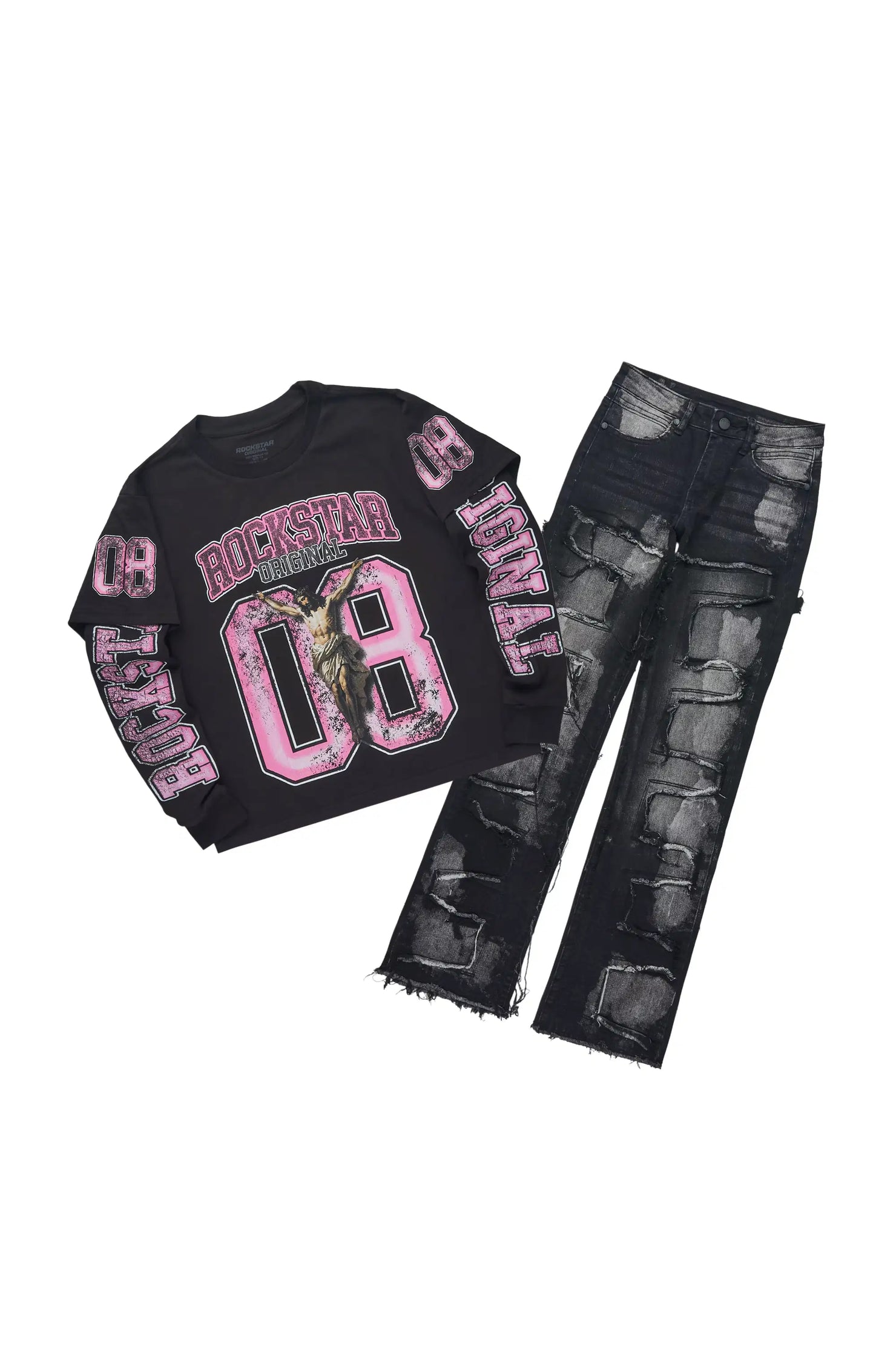 Boys Fields Black Double Layer L/S & Laban Black Bleach Stacked Jean Set
