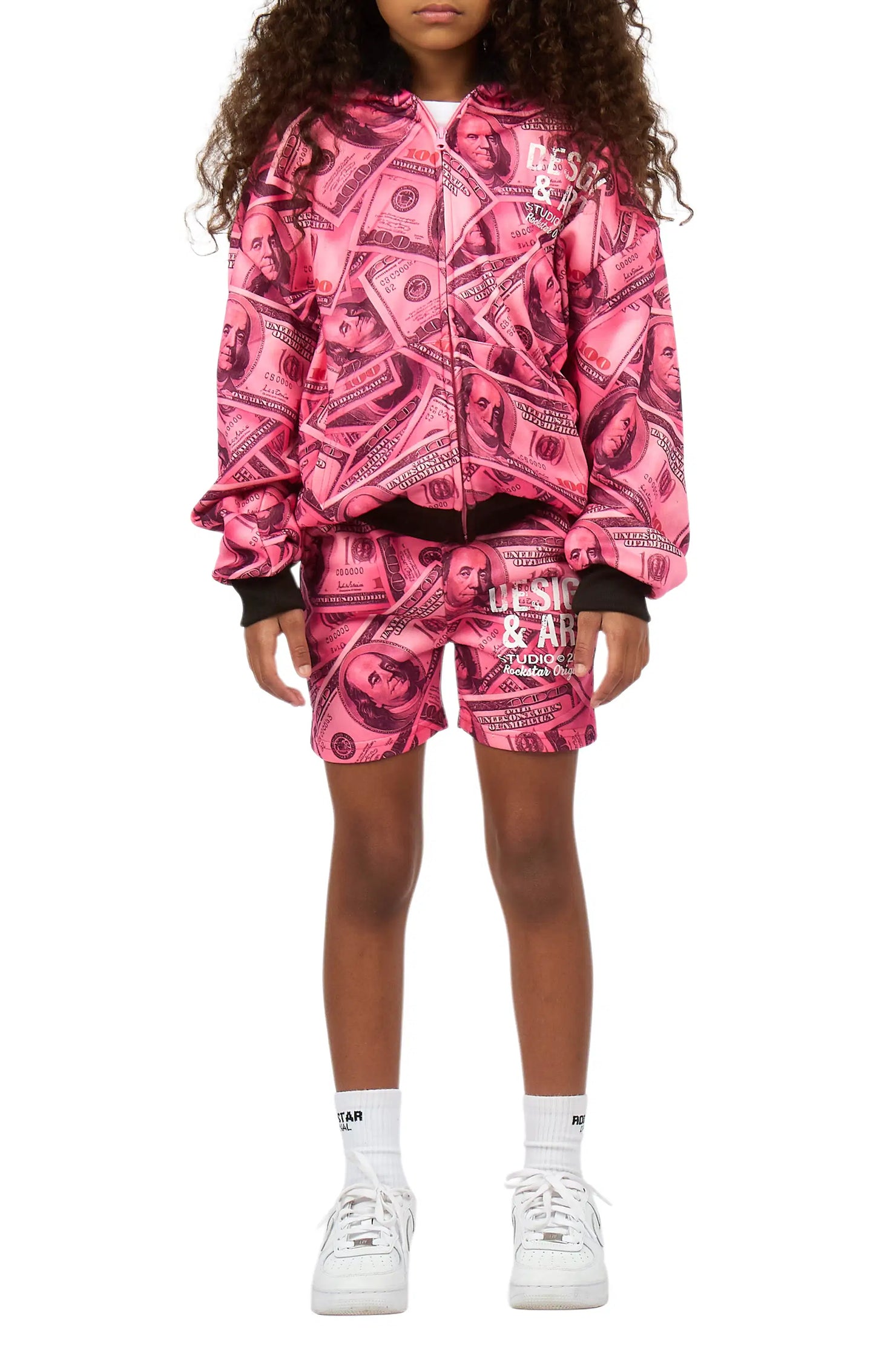 Girls Sidney Pink Zip Up Short Set With Fur Hood