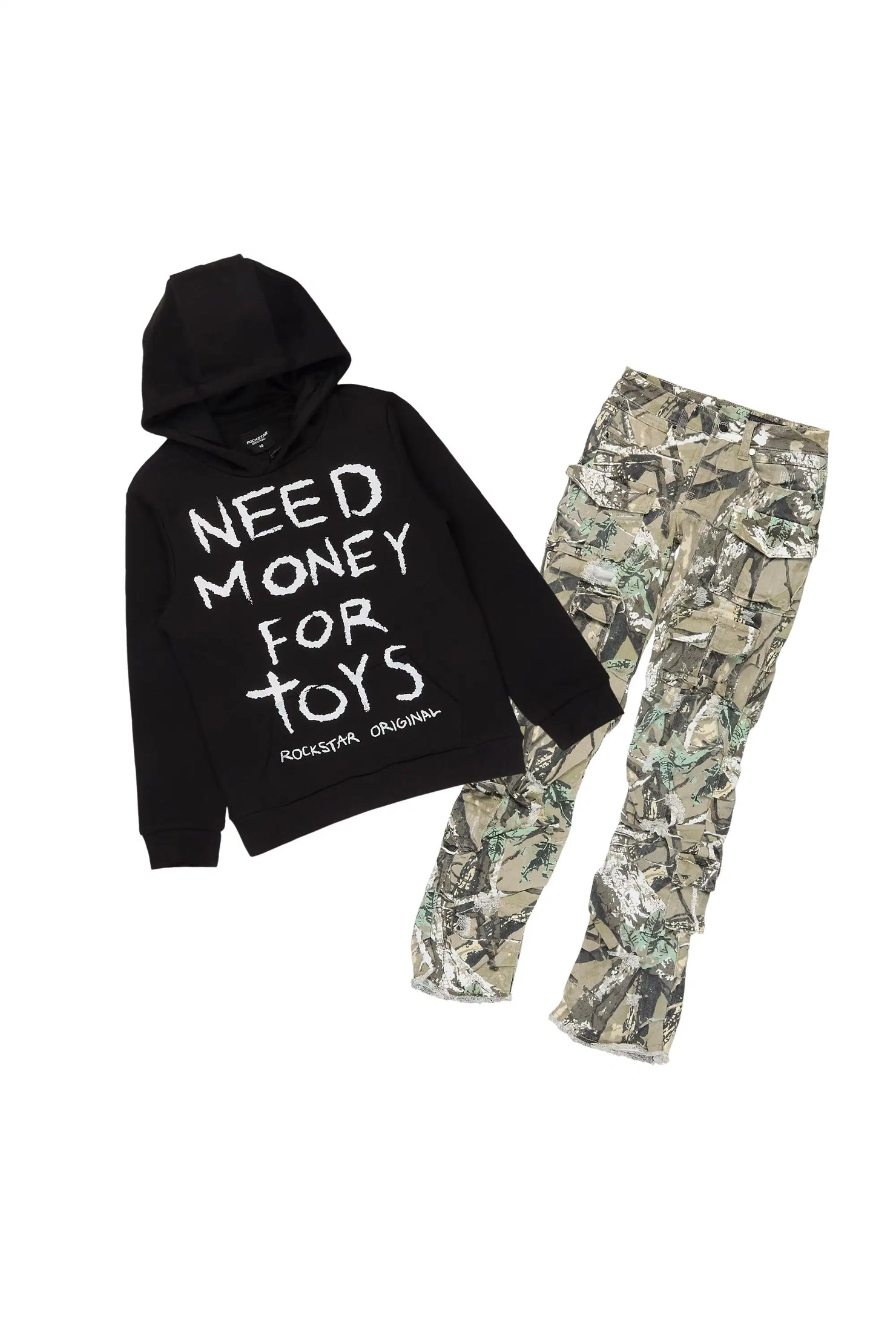Boys M4 Toys Black/Camo Hoodie Stacked Jean Set