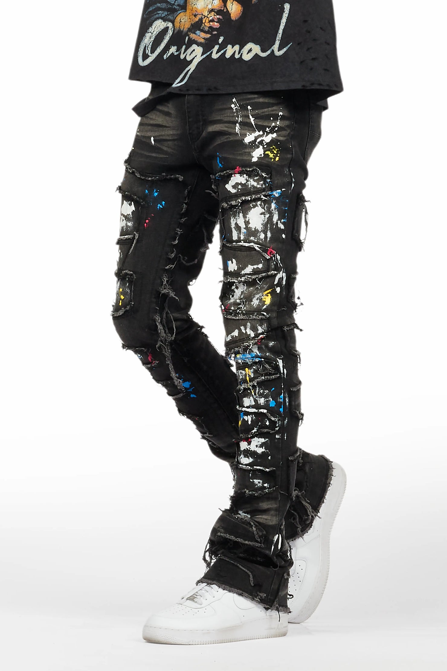 Shaddie Dark Grey Painter Stacked Flare Jean