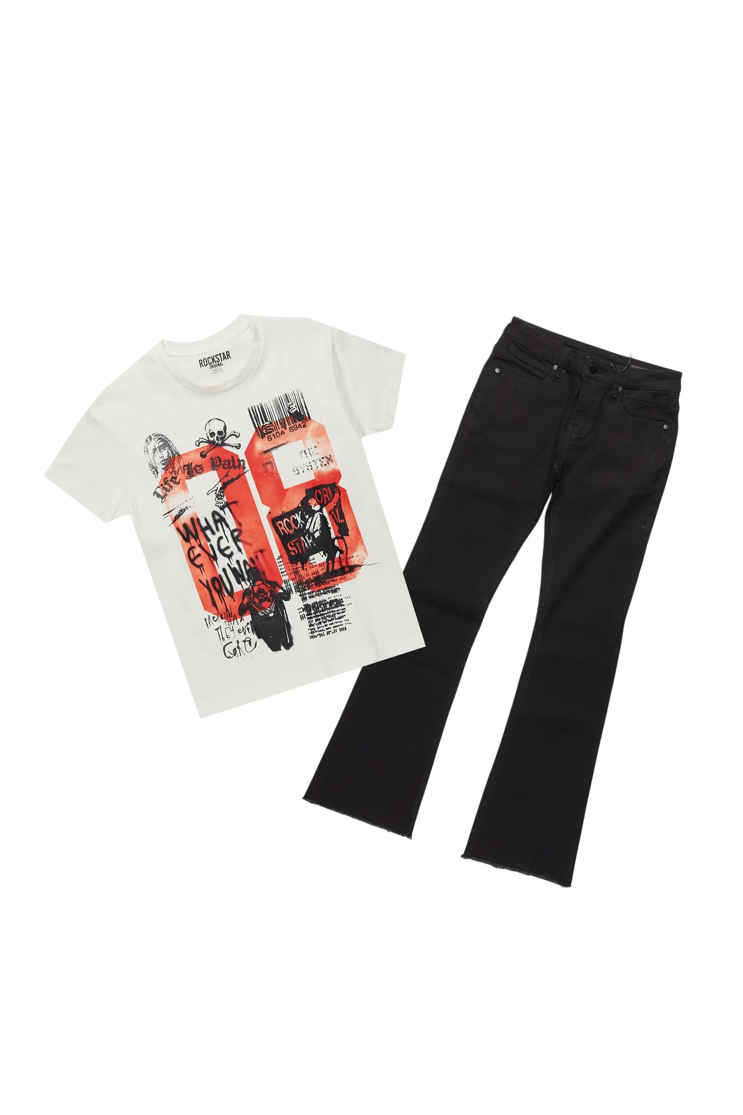Boys Beau White T-Shirt/Stacked Flare Jean Set