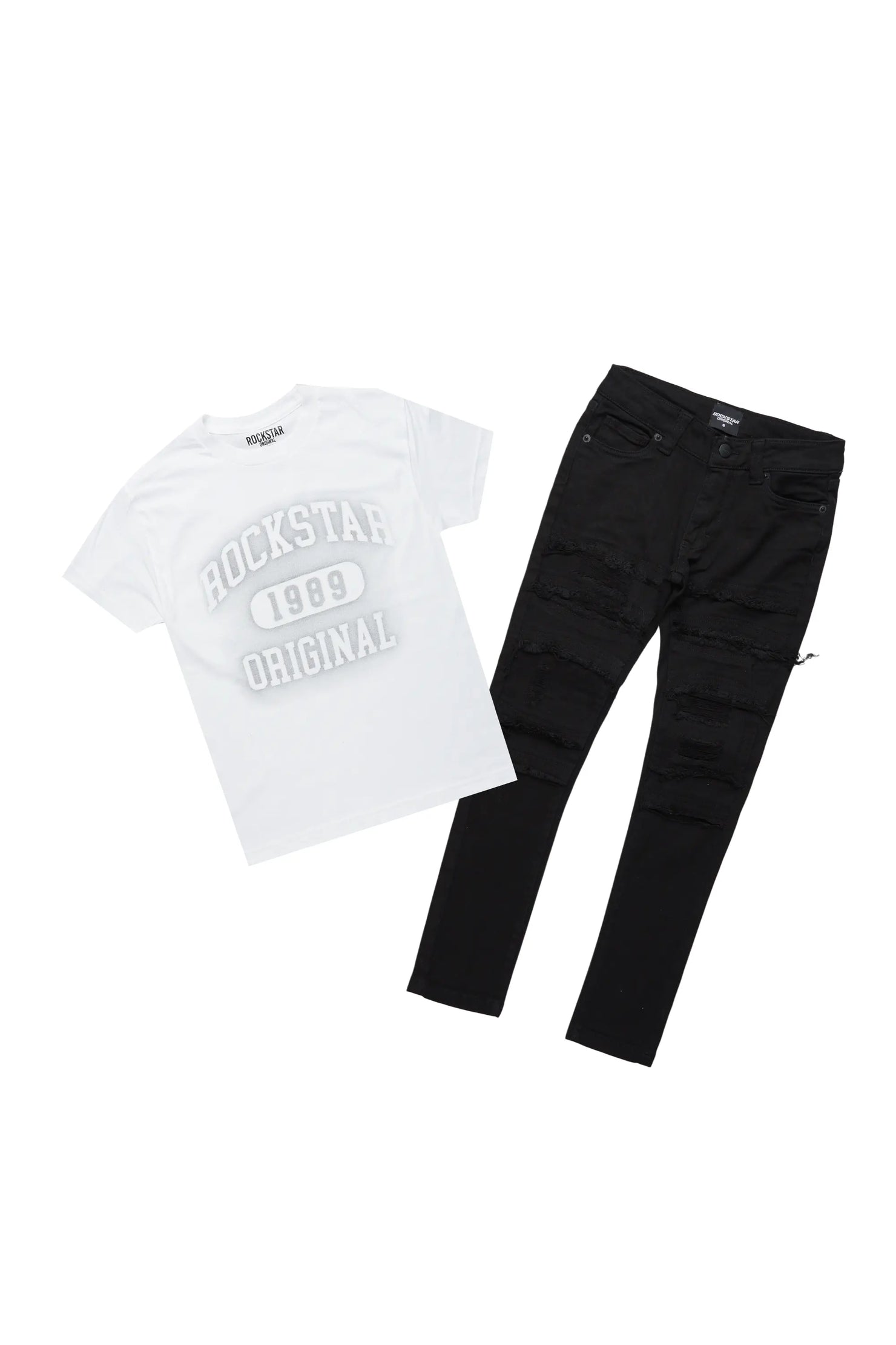Boys Valko White/Black T-Shirt/Frayed Jean Set