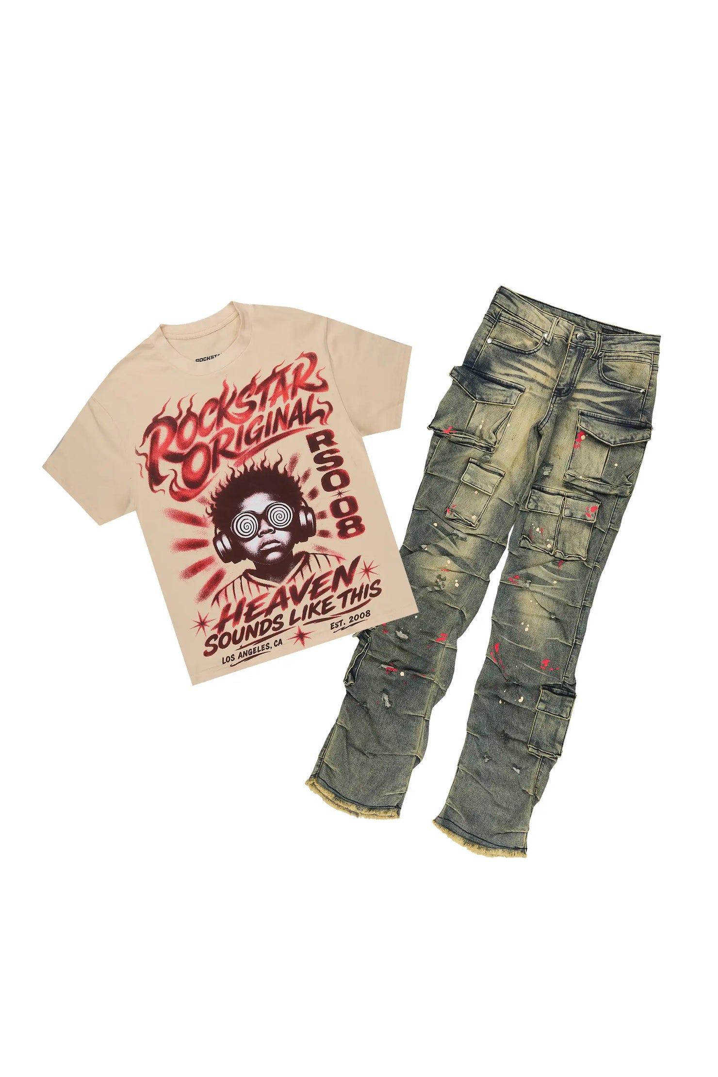 Boys Loom Sand/Tint Graphic T-Shirt Stacked Jean Set