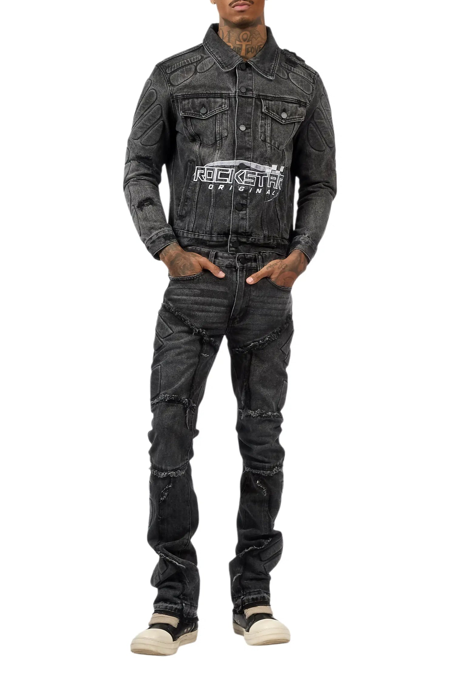 Throttle Grey Denim Jacket/Stacked Flare Jean Set