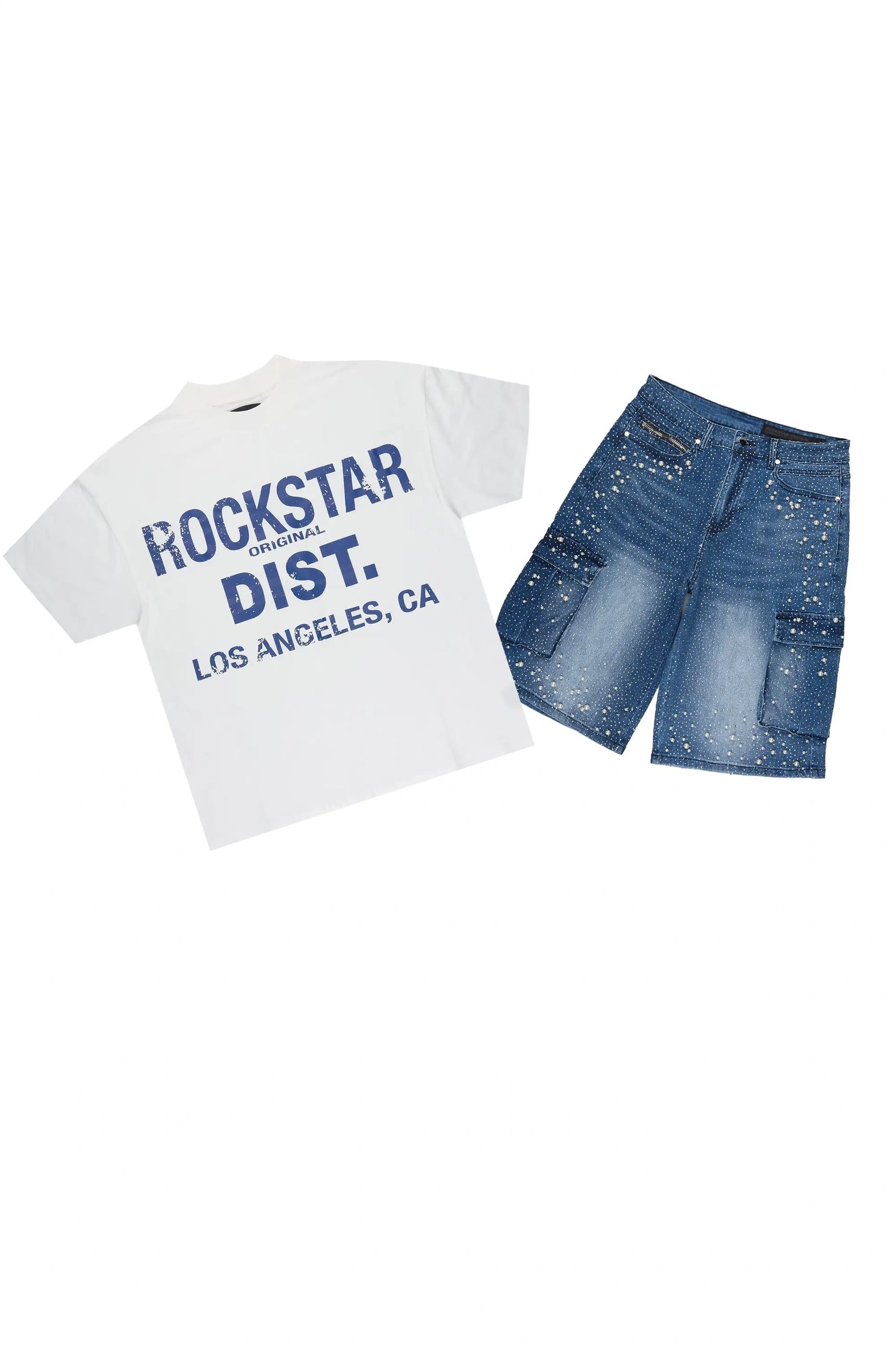 Sevyn White/Blue Rhinestone T-Shirt Denim Short Set