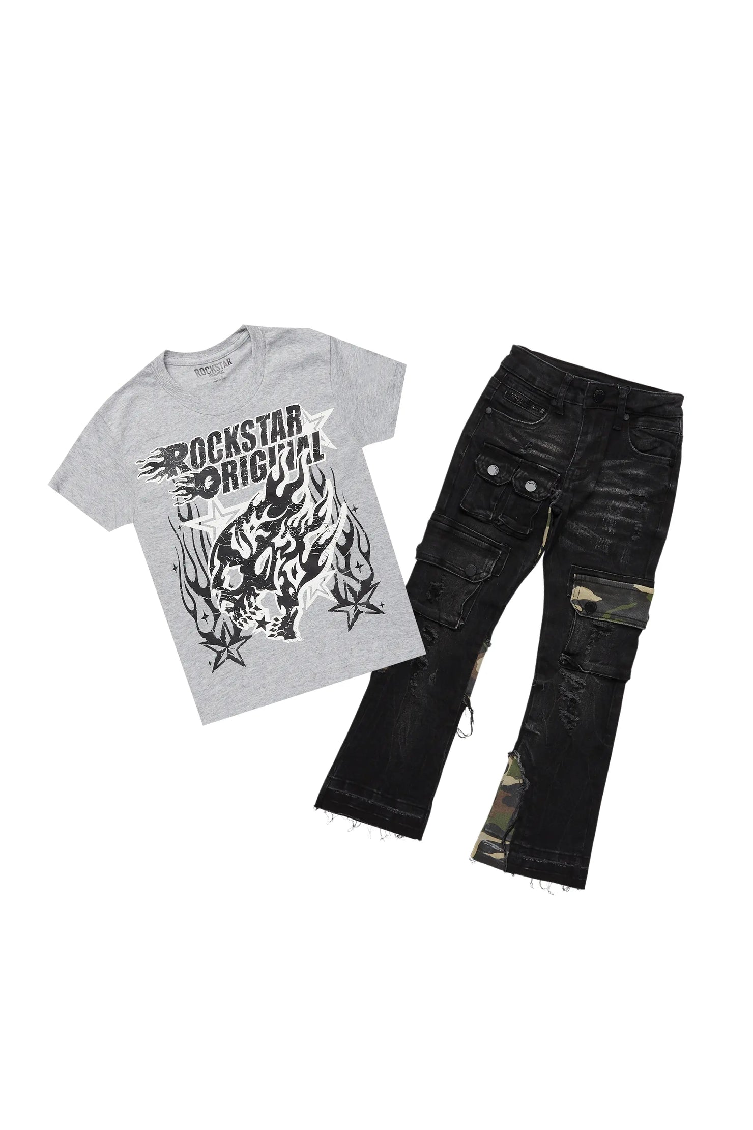 Boys Smitty Heather Grey T-Shirt/Stacked Flare Jean Set