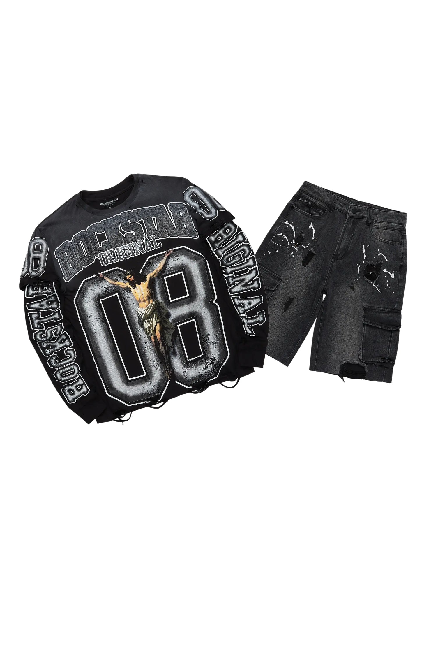 Fields Black/White Double Layer T-Shirt/Denim Short Set