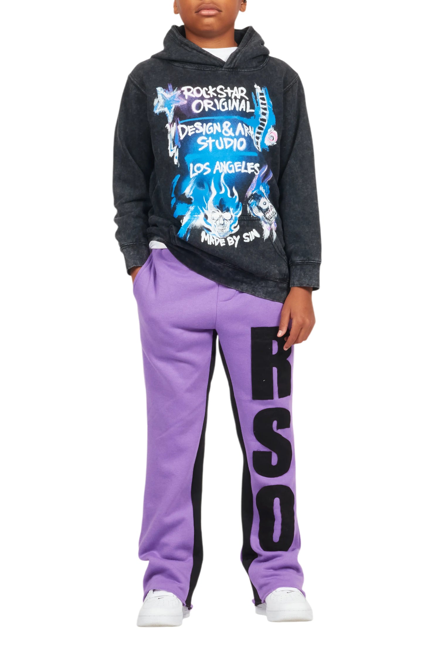 Boys Uko Purple Stacked Baggy Flare Pant