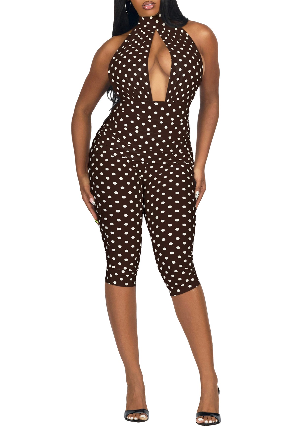 Dott-ed Brown Polka Dot Capri Jumpsuit