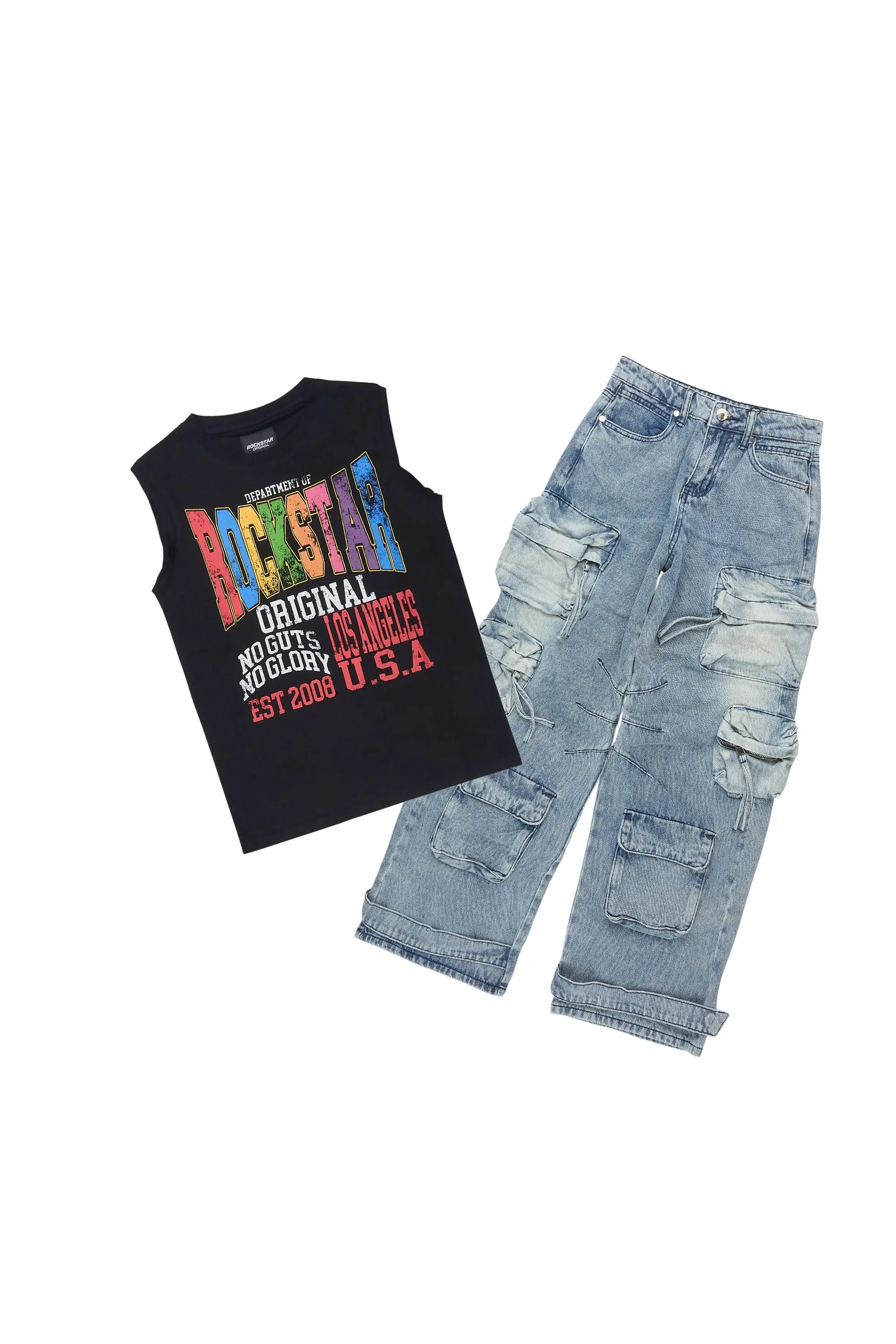 Boys Keen Black/Blue Cut Off T-Shirt Baggy Jean Set