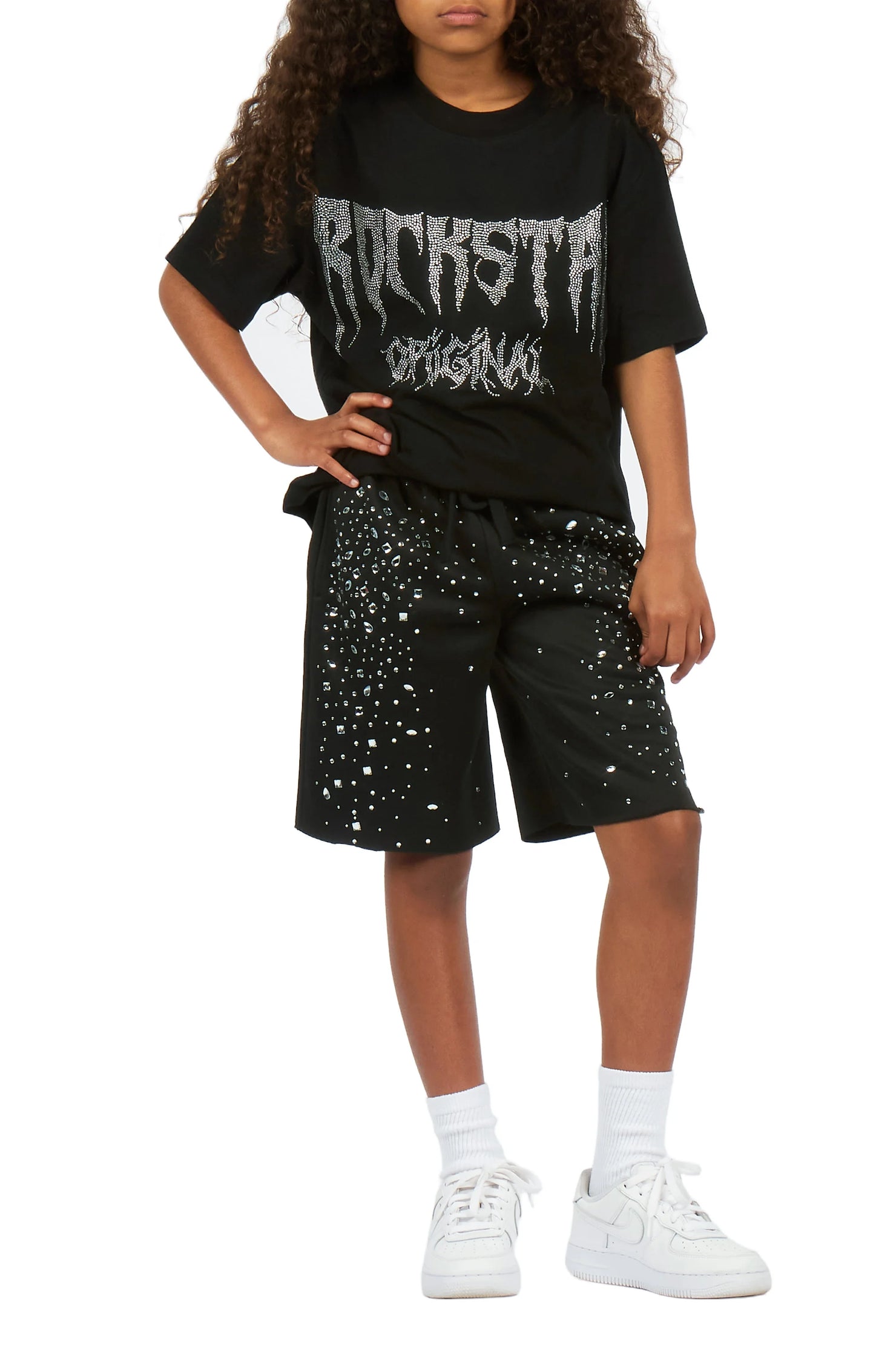 Girls Porsha Black Rhinestone Short Set